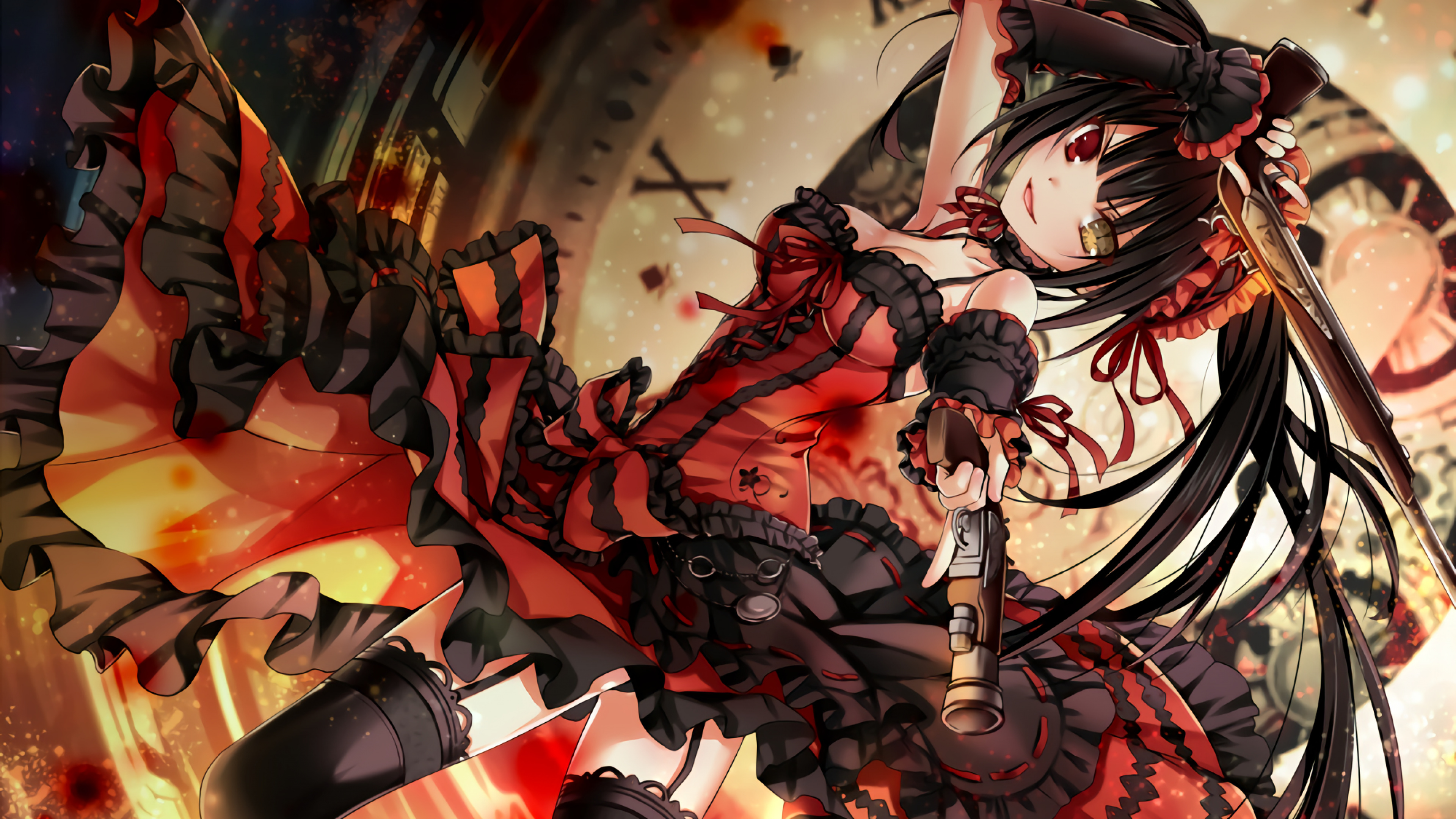 Date A Live anime, Tokisaki Kurumi, Colorful eyes guns, Red dress, 3840x2160 4K Desktop