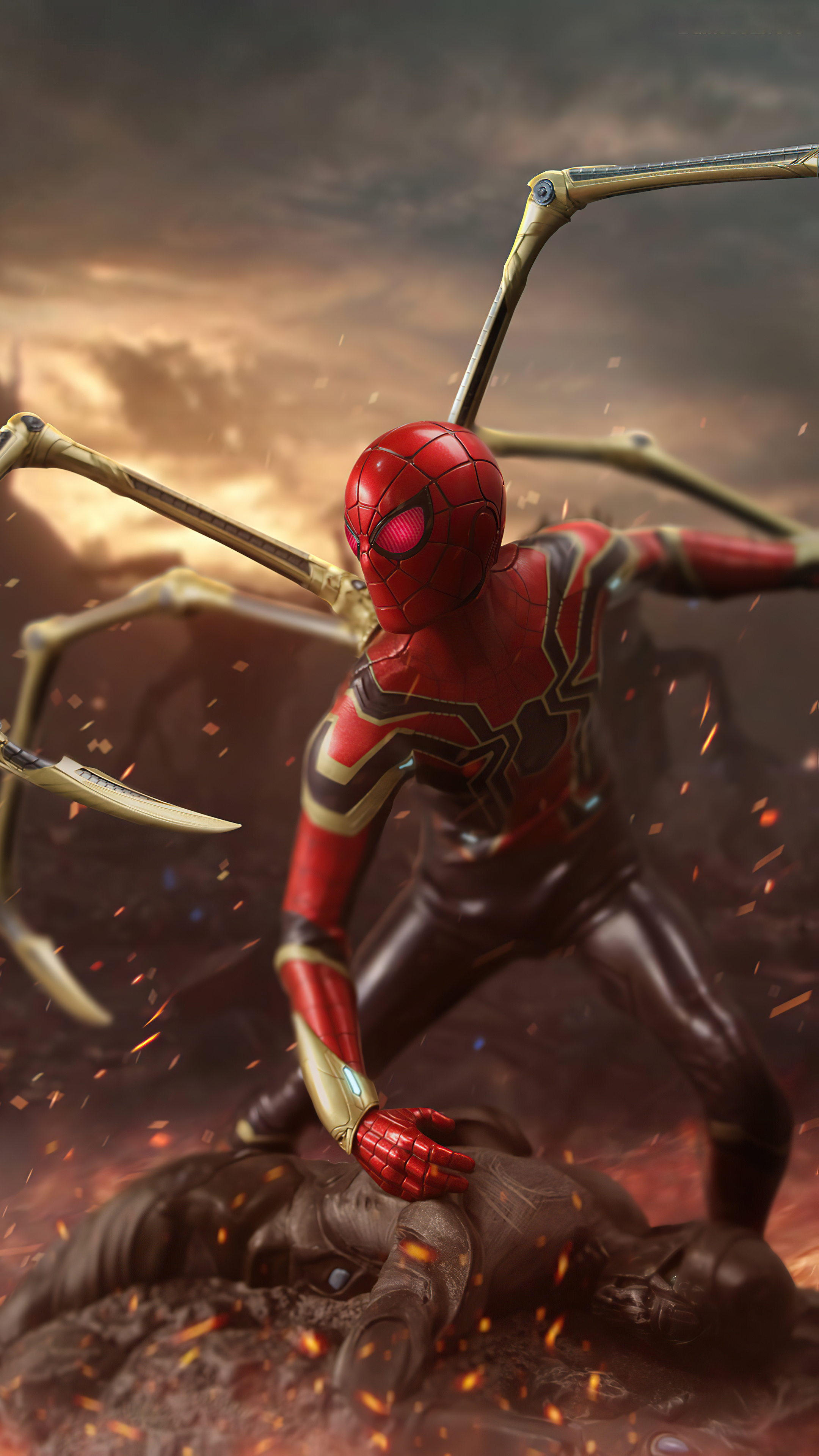 Iron Spider, Futuristic design, Tech-enhanced suit, Stunning visuals, 2160x3840 4K Phone