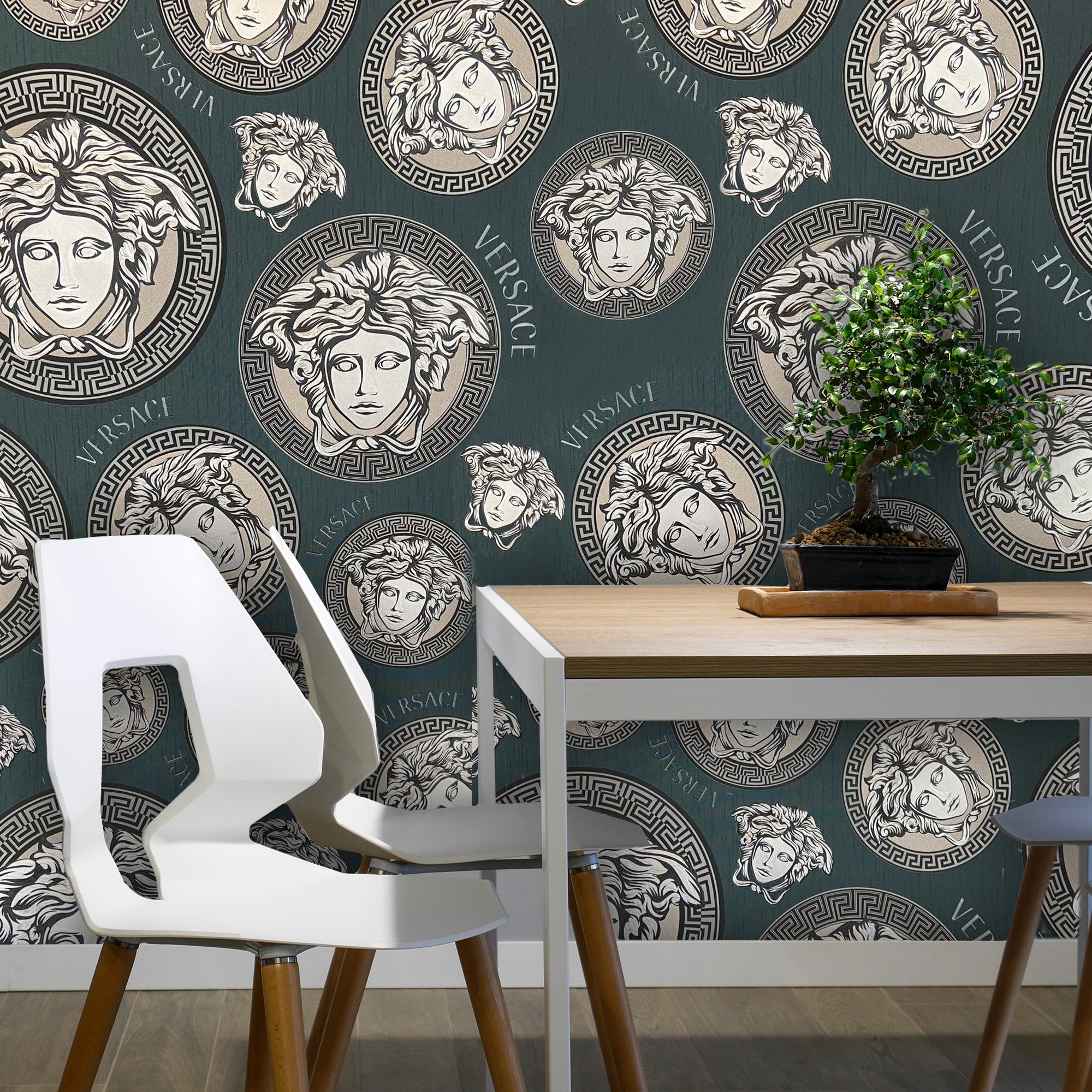 Versace, Blue dark teal silver, Medusa wallpaper, Wallcoveringsmart, 2000x2000 HD Phone