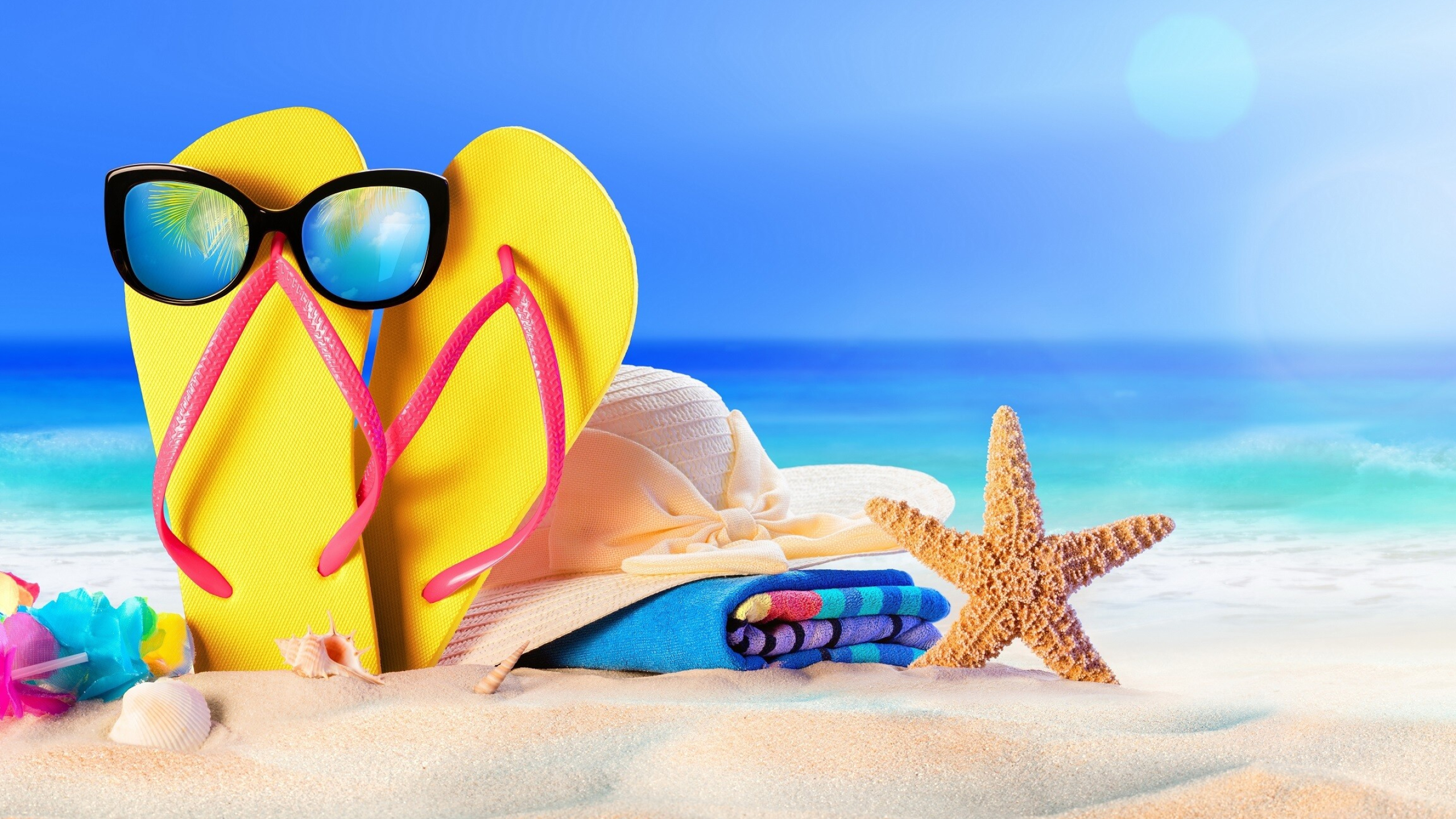 Flaps beaches hat, Holiday summer starfish towel, 2560x1440 HD Desktop