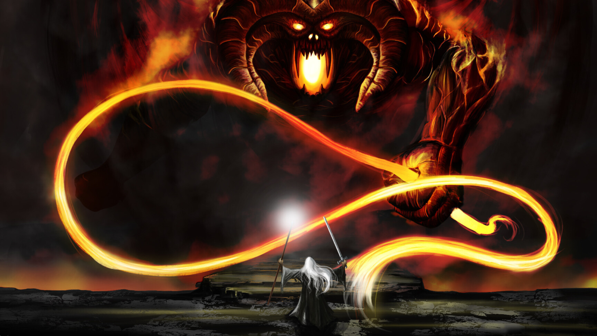 Artstation, You shall not pass, Balrog vs Gandalf, Illustration, 1920x1080 Full HD Desktop