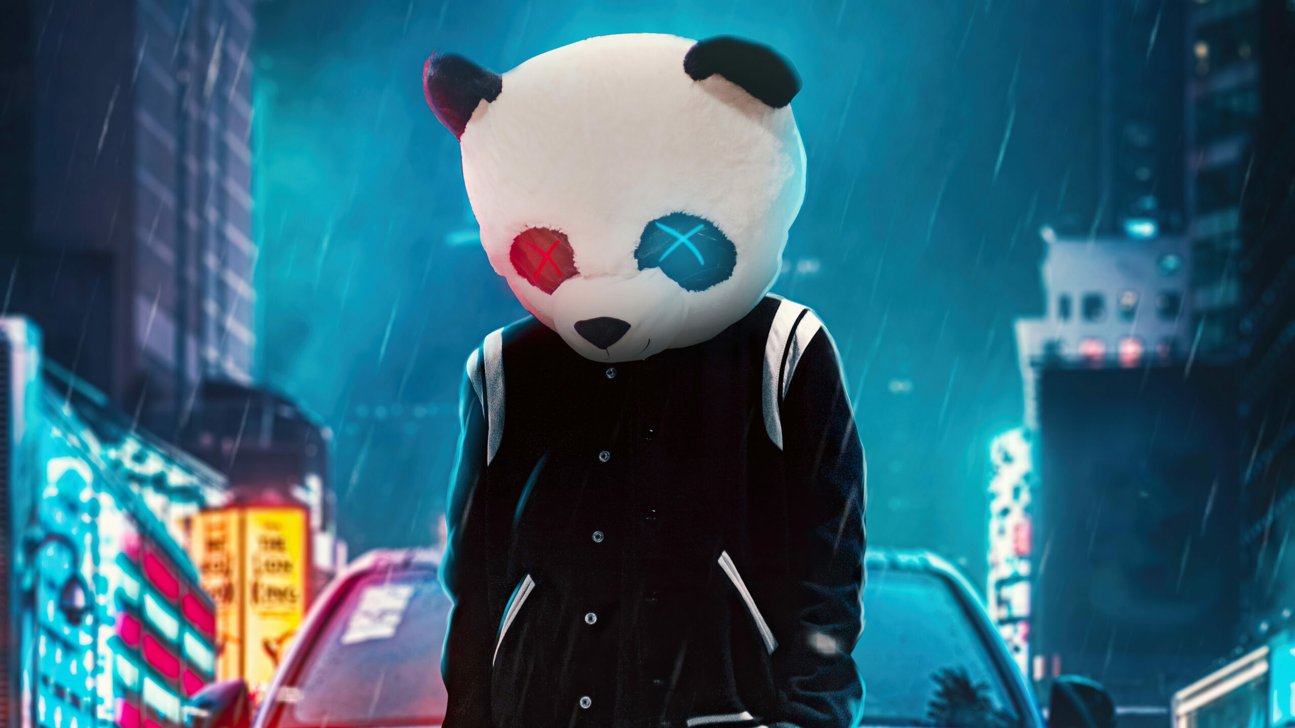 Panda cool on street, 4K resolution, Urban scenery, Vibrant wallpaper, 2560x1440 HD Desktop