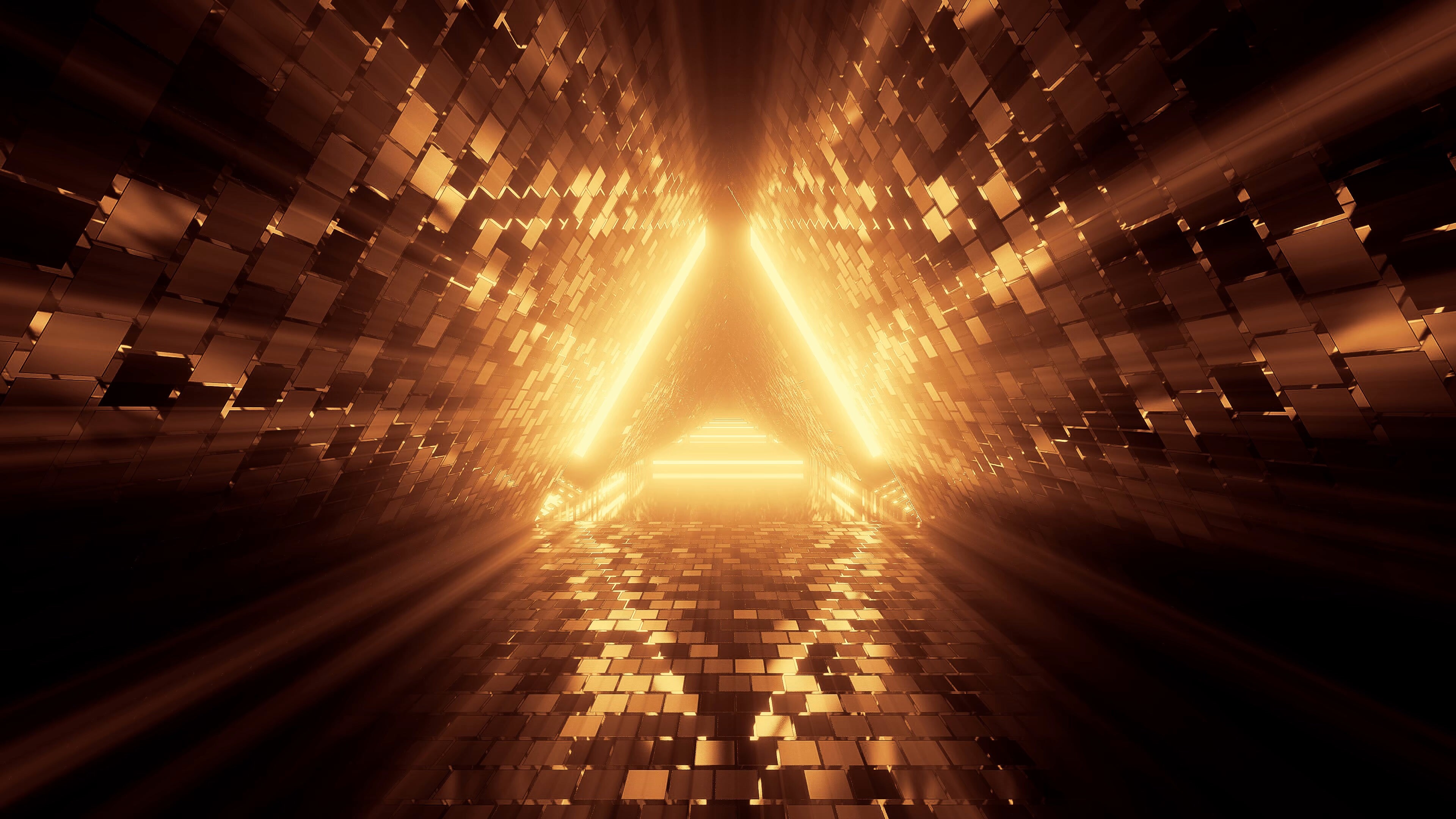 Gold Lights, Abstract tunnel design, Neon triangle, Mesmerizing patterns, 3840x2160 4K Desktop