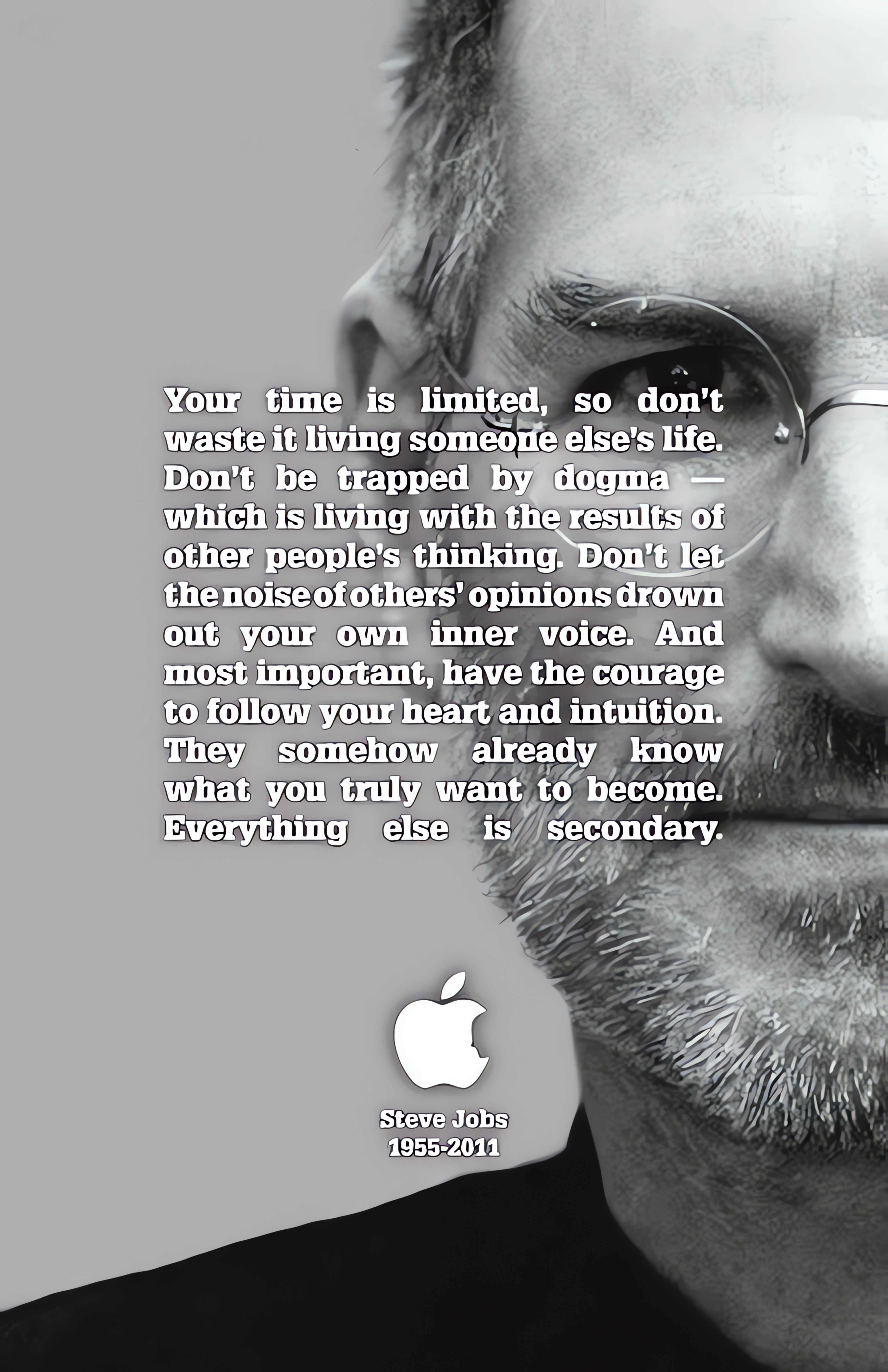 Steve Jobs Wallpaper, Quote, Apple Logo, Your Time Is Limited, Monochrome, 2800p