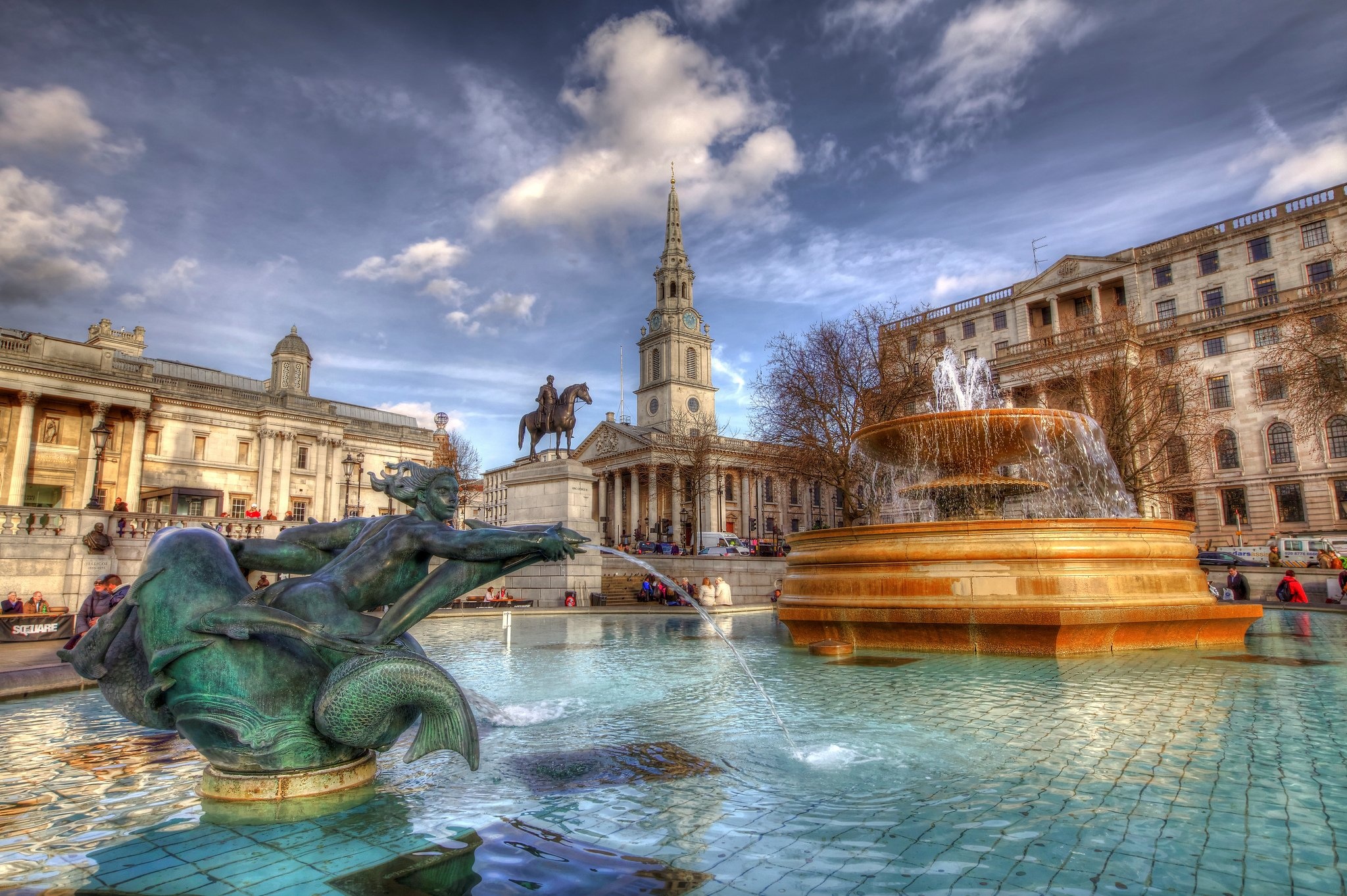 Trafalgar Square, Engrossing fountains, HDR photography, London's skyline, 2050x1370 HD Desktop