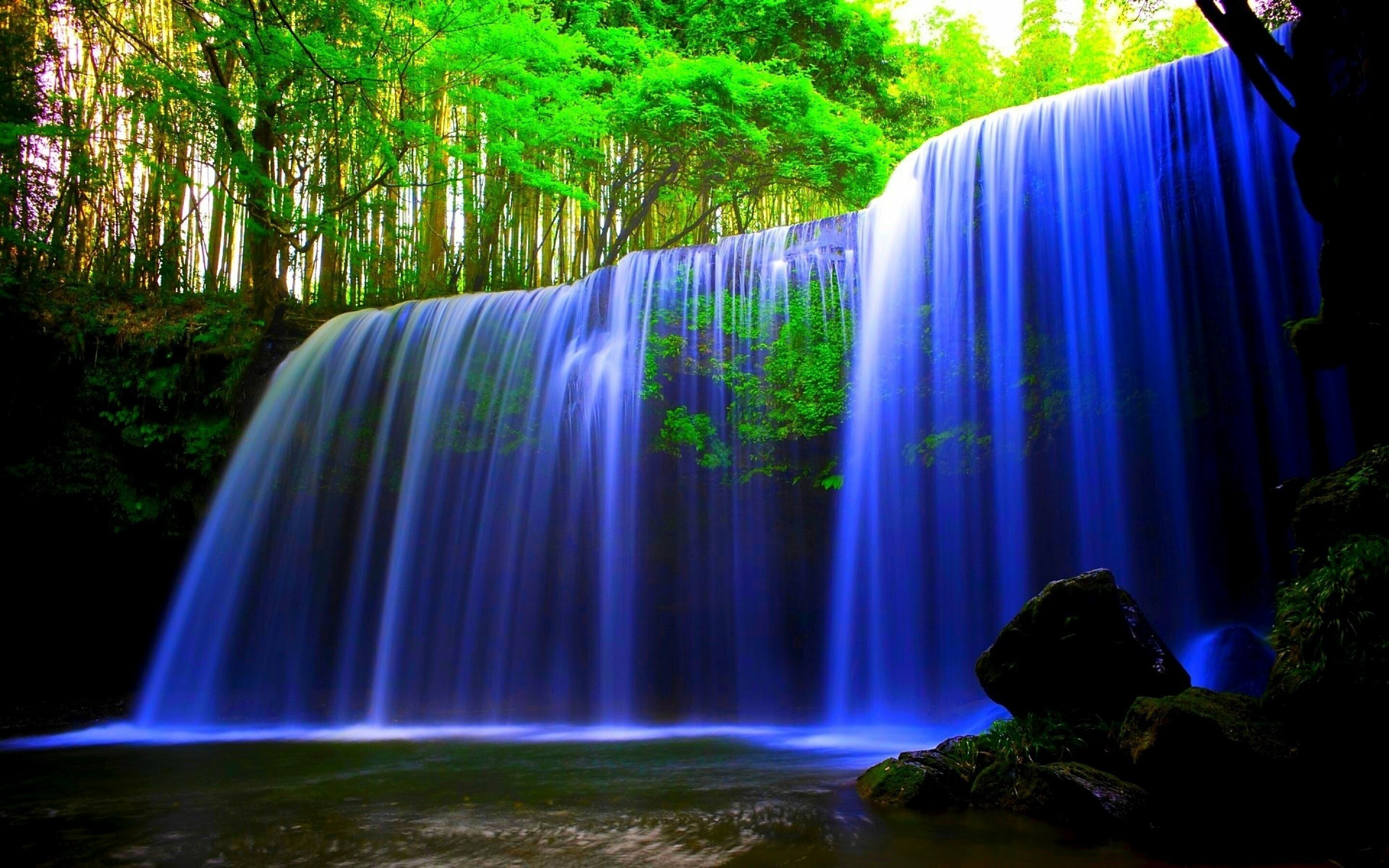 Glowing blue waterfall, Illuminated beauty, Surreal ambiance, Tranquil scenery, 2880x1800 HD Desktop