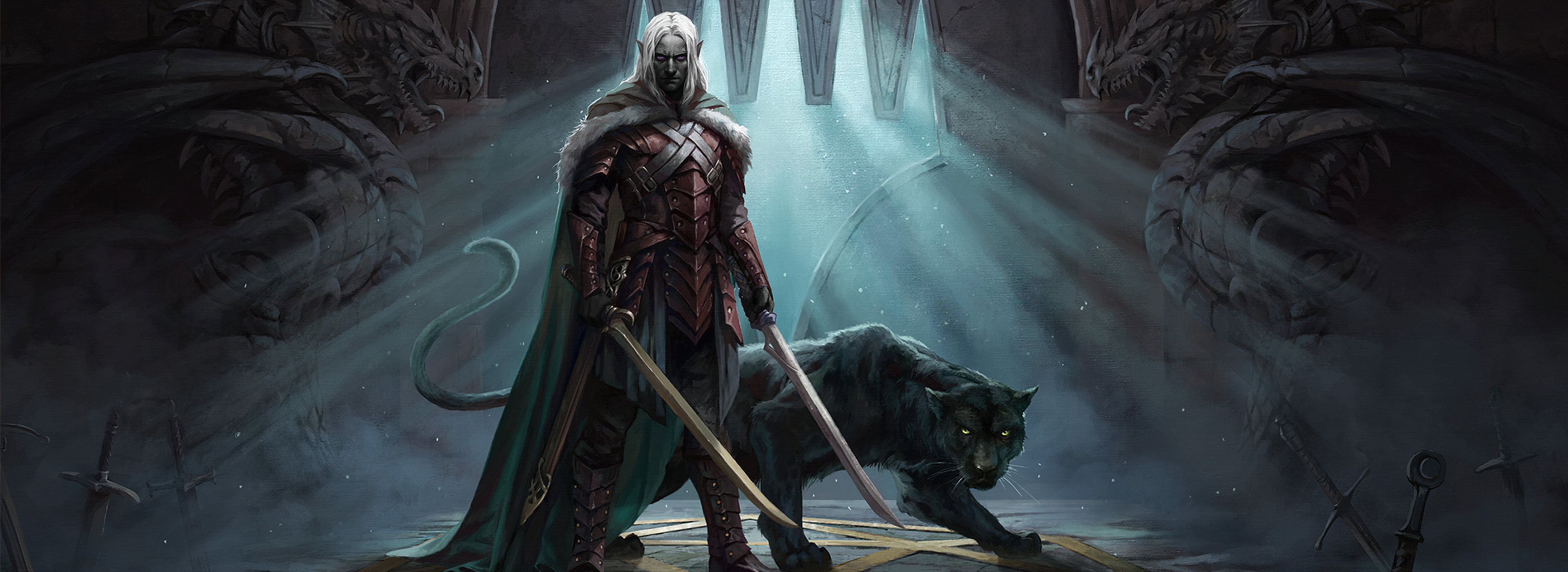 Drizzt fan art, Digital illustration, Intricate details, Nostalgic tribute, 3840x1400 Dual Screen Desktop