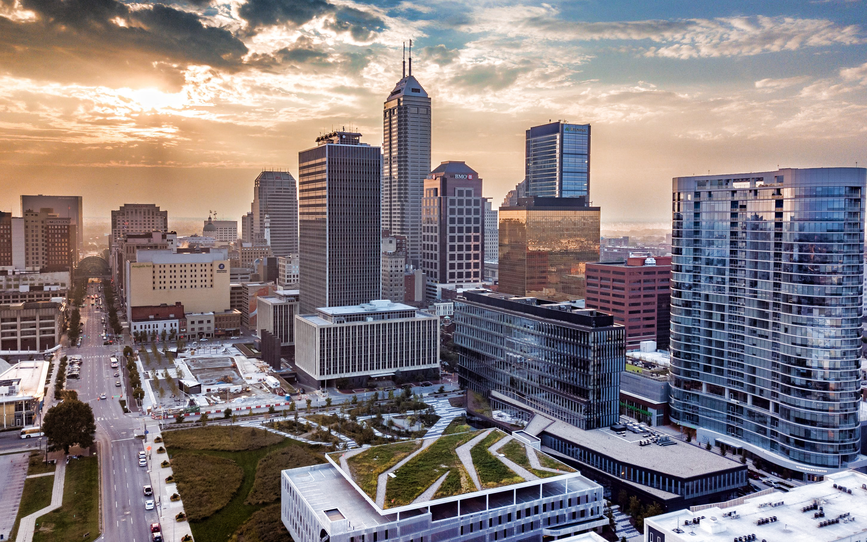 Indianapolis Skyline, Salesforce tower, Skyscrapers at sunset, Indiana city, 2880x1800 HD Desktop