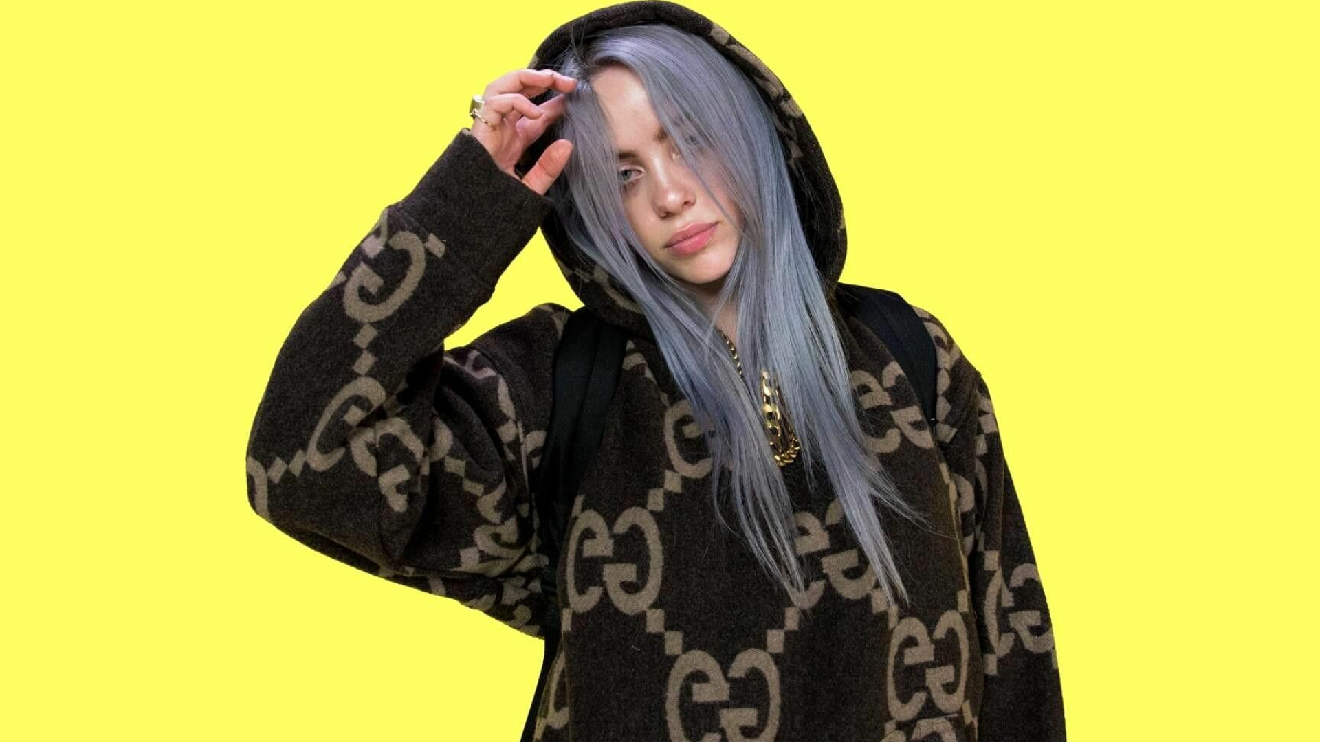 Billie Eilish, Celeb icon, Yellow background, Funny videos, 1920x1080 Full HD Desktop