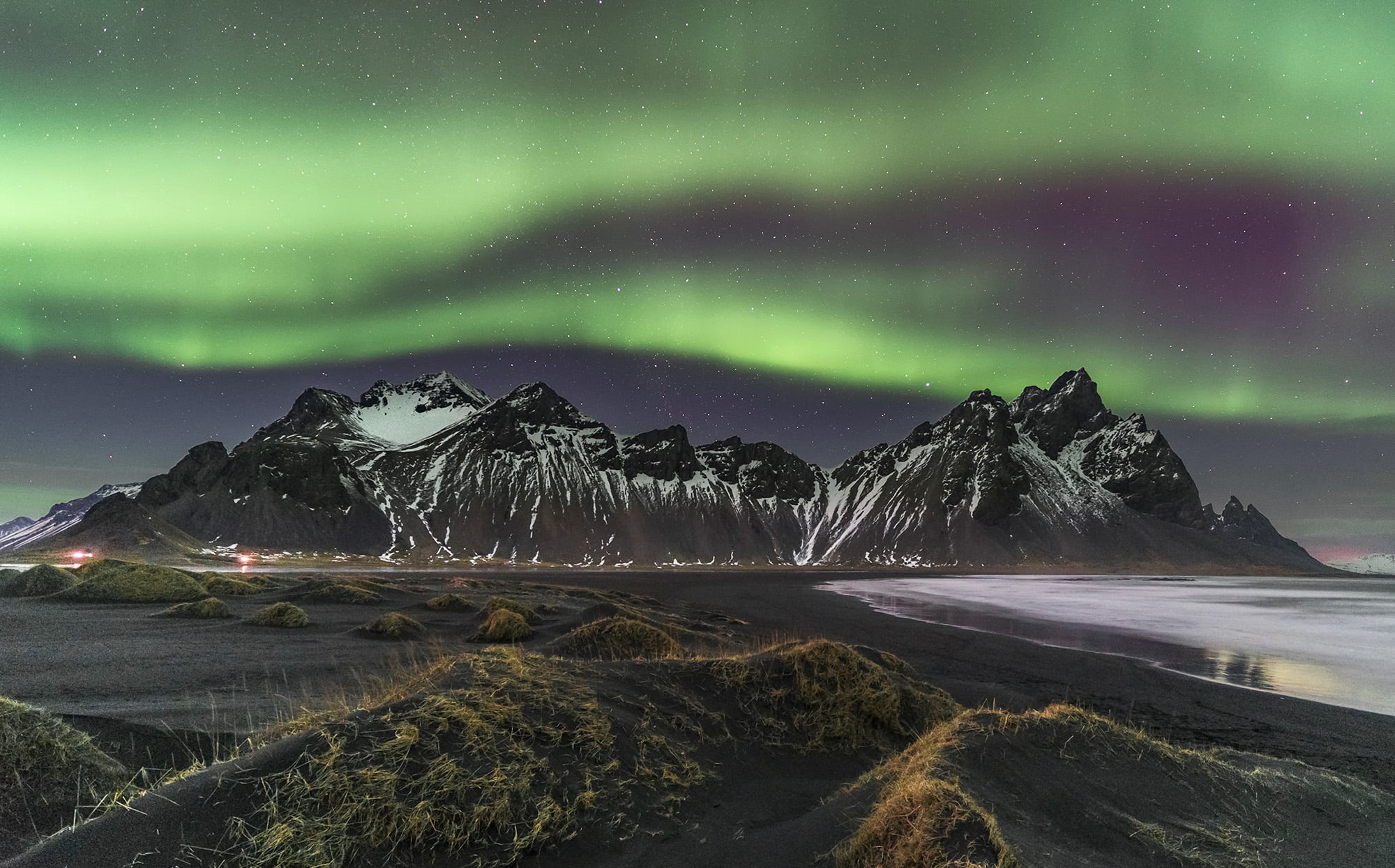 Vestrahorn, Northern Light, Mountain, Body of Water, 2000x1250 HD Desktop