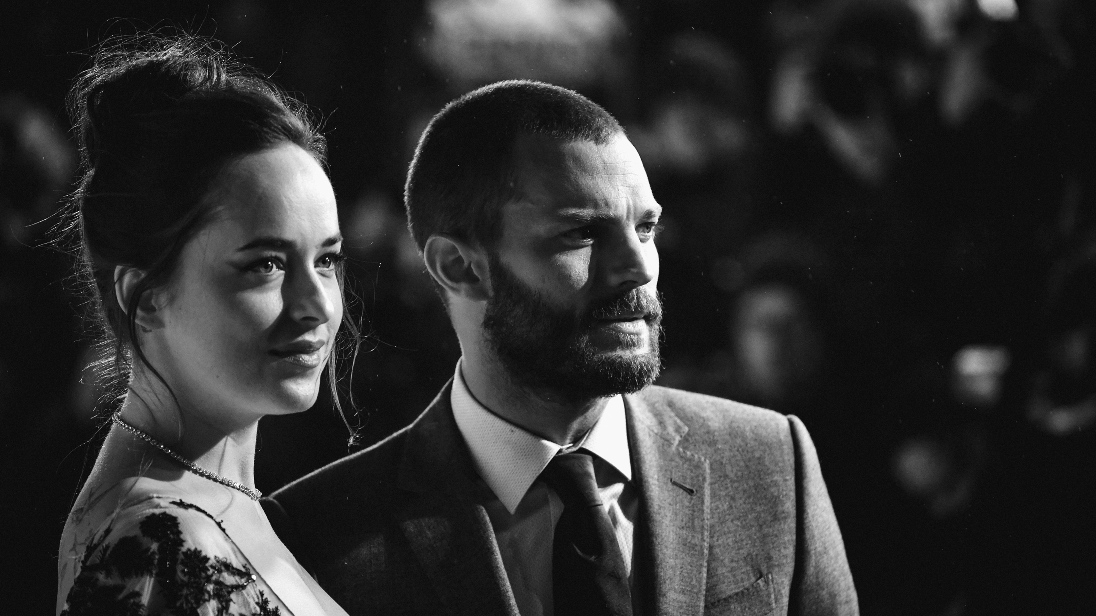 Jamie Dornan, Dakota Johnson, Monochrome, 4k movies, 3840x2160 4K Desktop