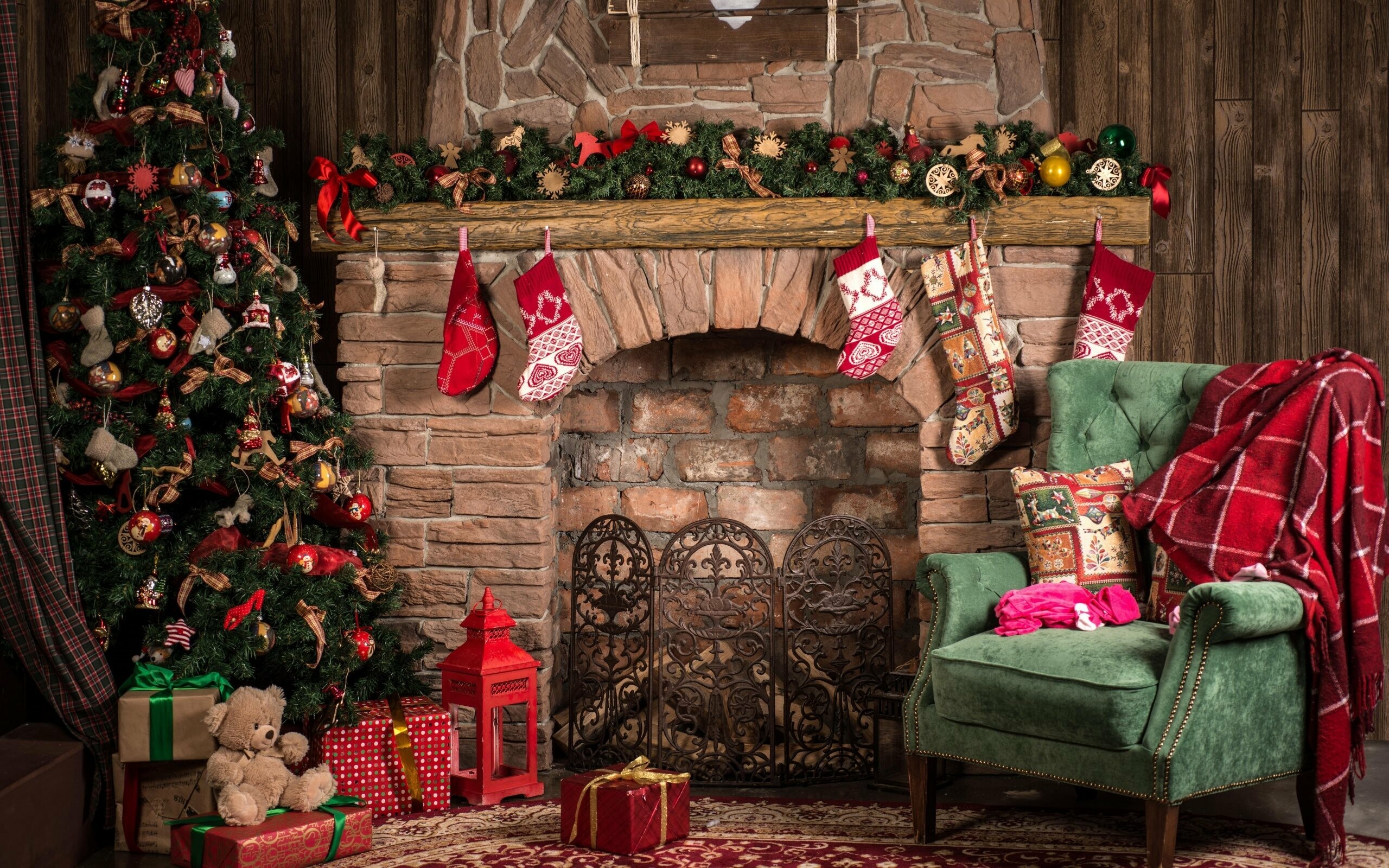 Christmas fireplace interior, Christmas tree, Festive decorations, High-quality wallpapers, 2560x1600 HD Desktop