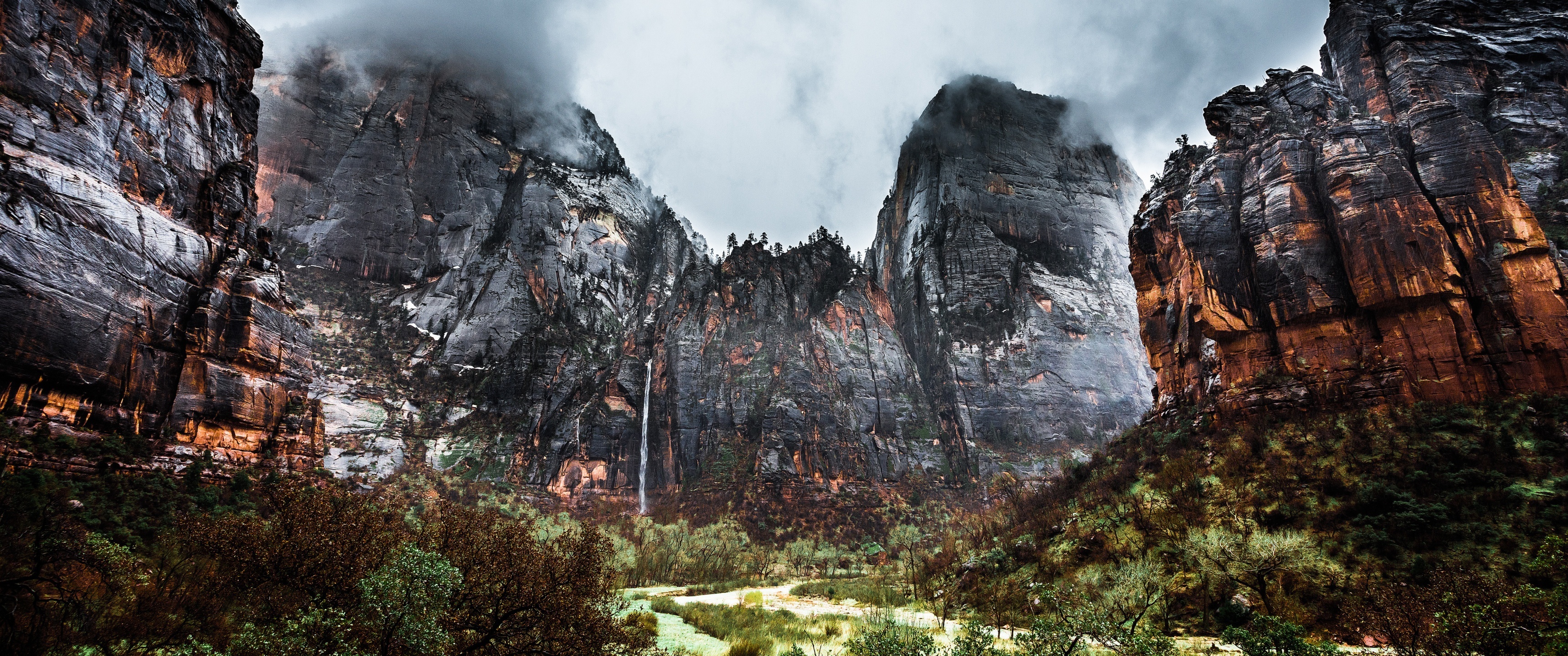 Zion National Park, Waterfall cliffs, Stormy sky, Valley beauty, 3440x1440 Dual Screen Desktop