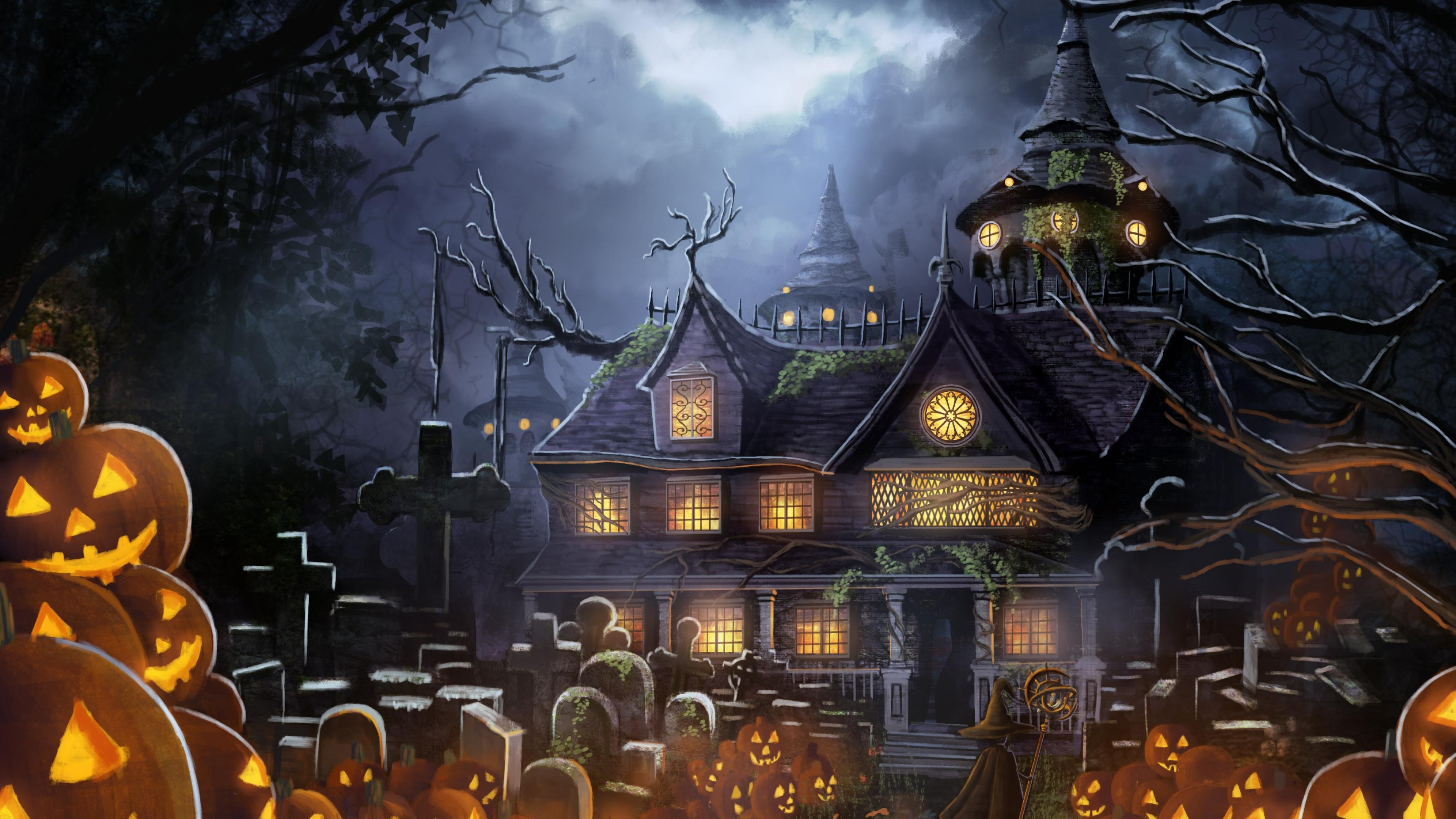 Jack-o'-lanterns, Halloween Haunted Houses Wallpaper, 3840x2160 4K Desktop