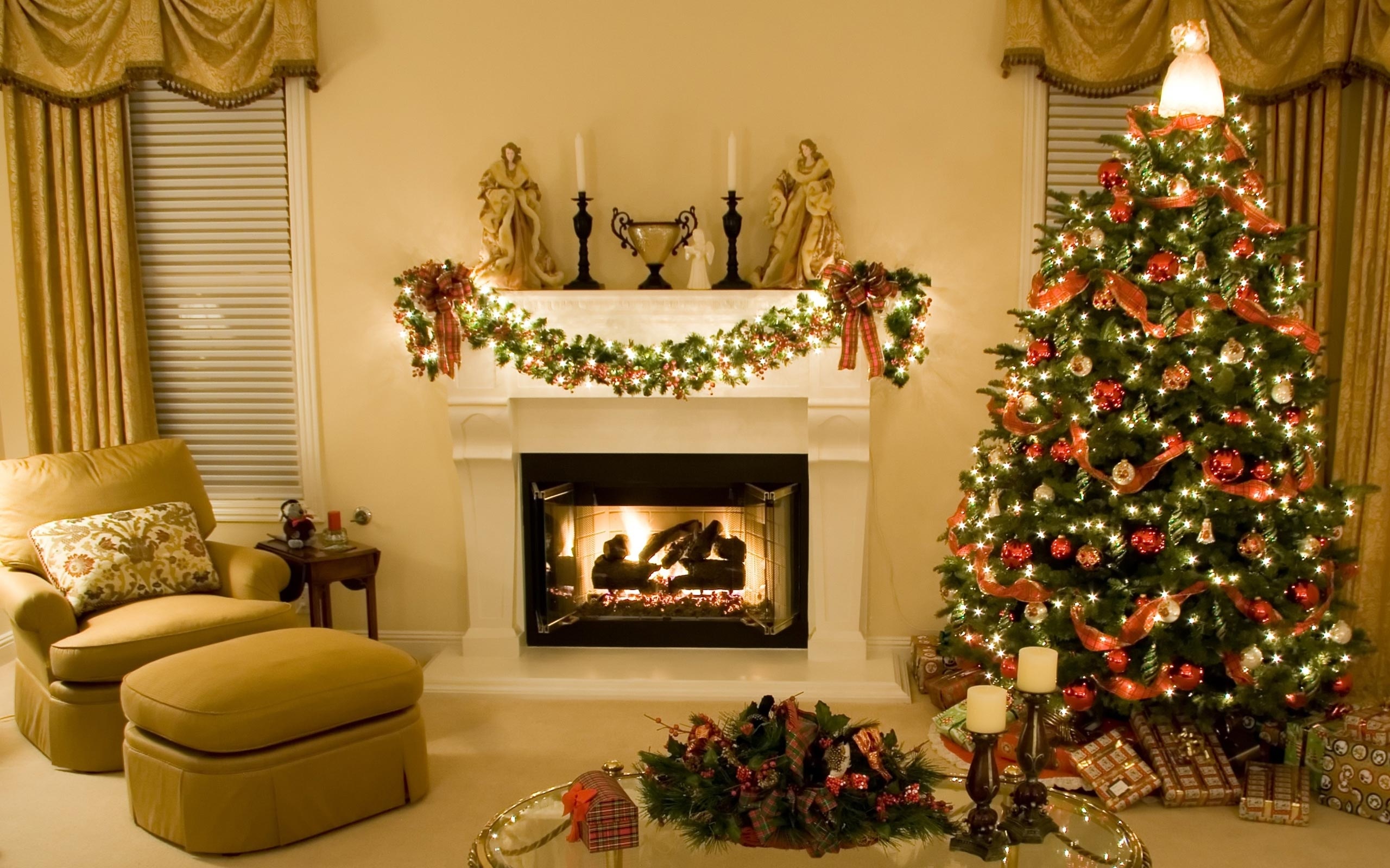 Modern Christmas fireplace, Festive decorations, Stylish home decor, Joyful holiday spirit, 2560x1600 HD Desktop