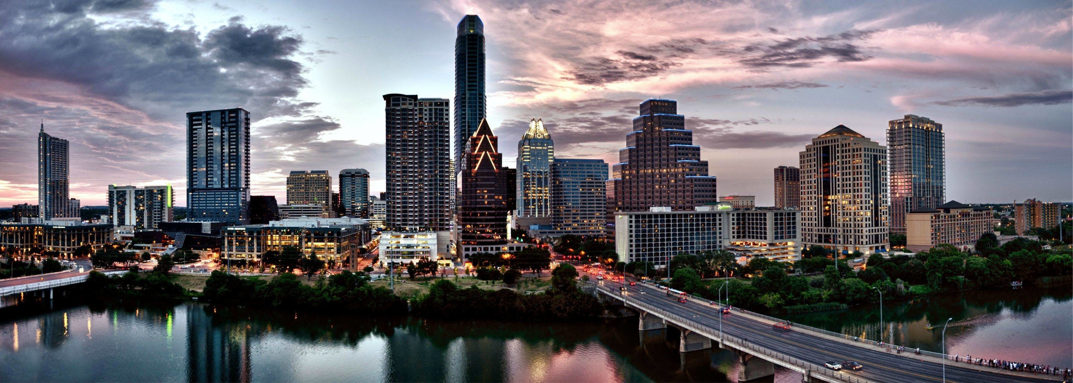 Austin cityscape, Vibrant wallpapers, City's essence, Urban vibes, 3450x1240 Dual Screen Desktop