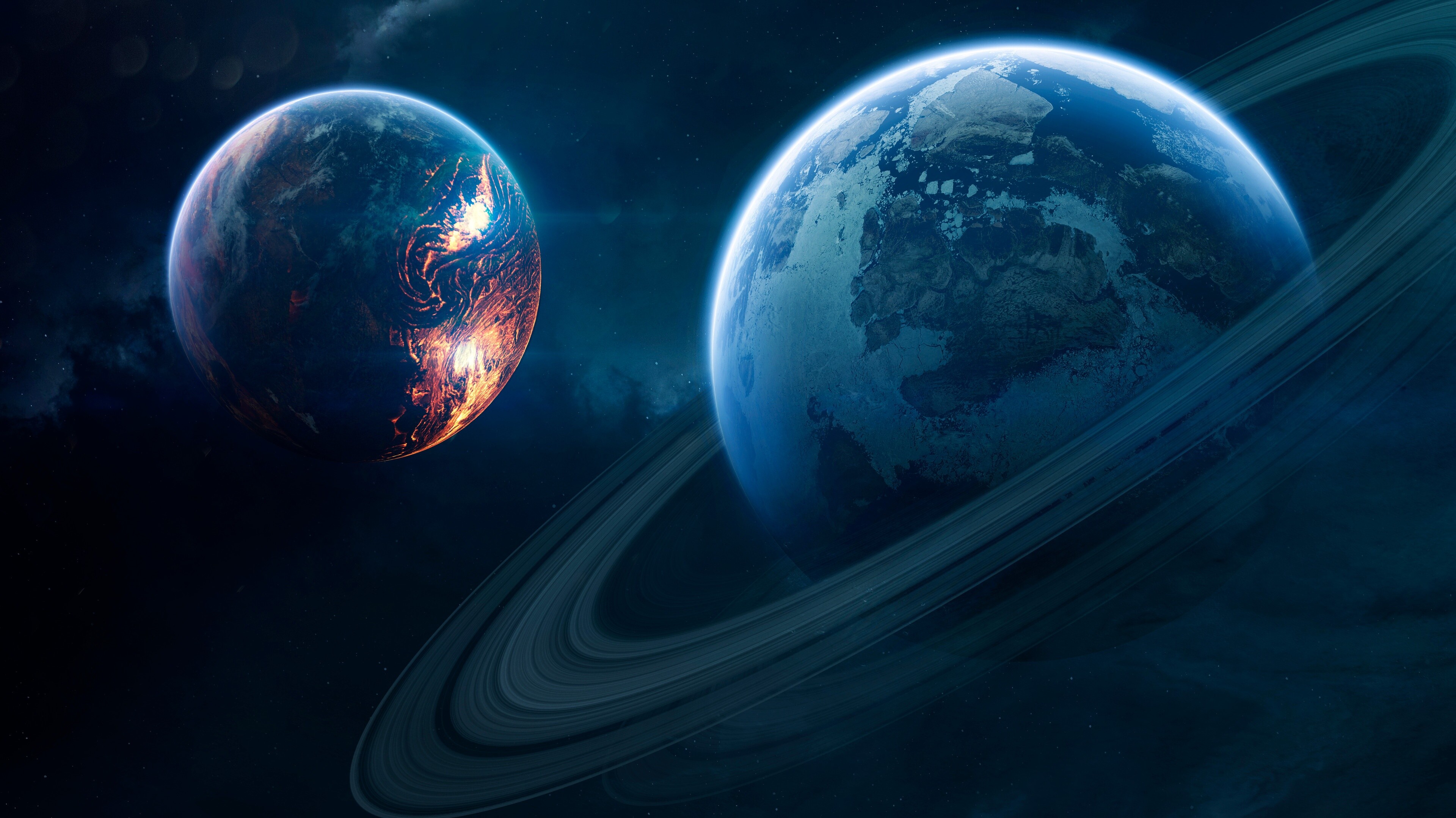 Blue planet, Orbital ring, Red planet, Stars galaxy, 3840x2160 4K Desktop