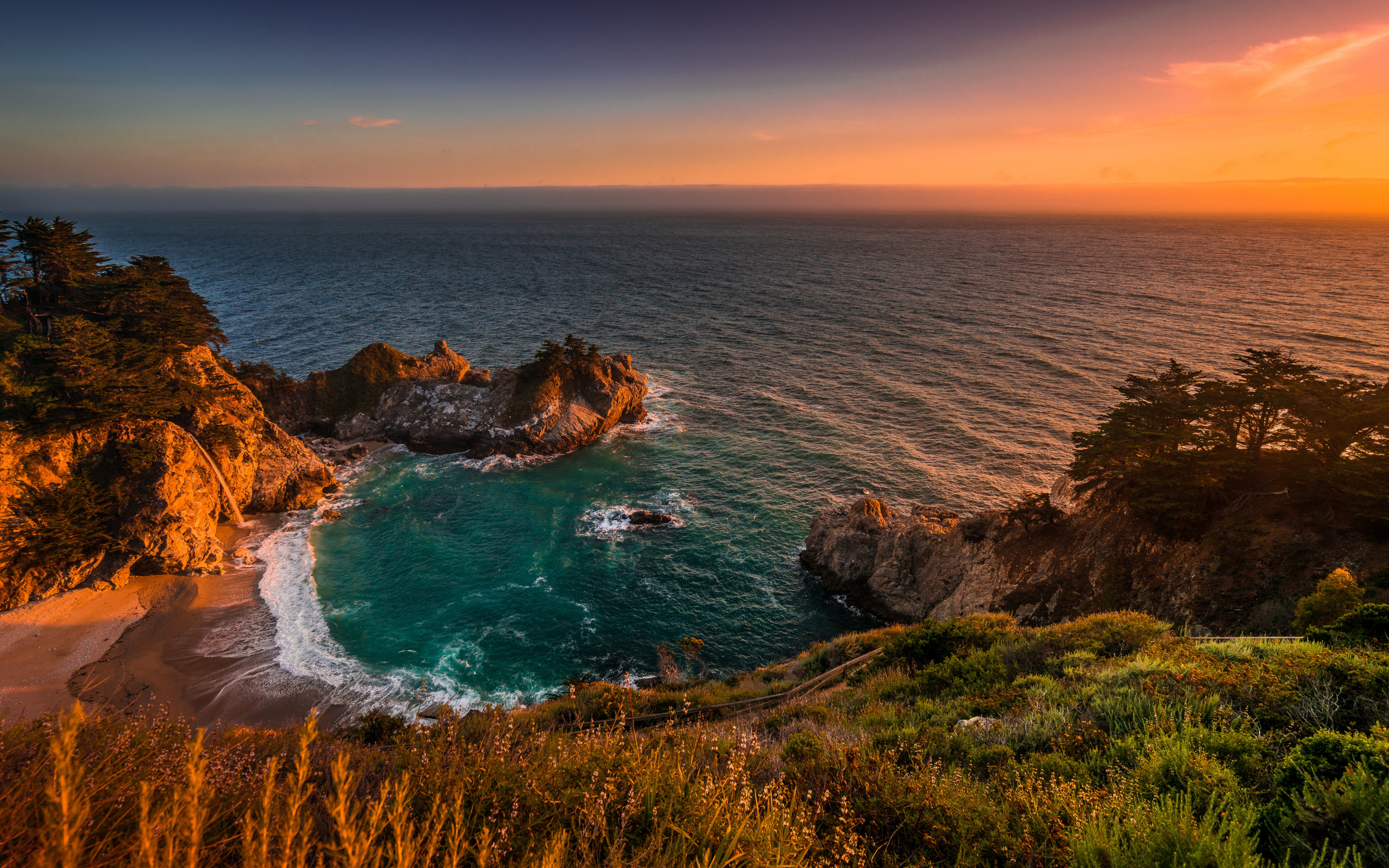 McWay Falls waterfall, Big Sur coast marvel, Pacific Ocean evening, Sunset seascape, 2880x1800 HD Desktop