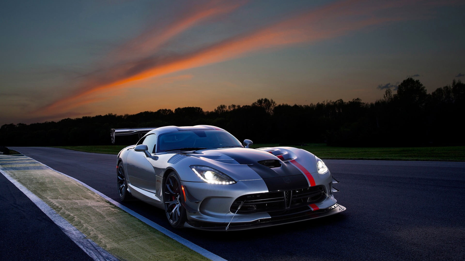 Dodge Viper, Silver and black, Sportscar, Sunset race tracks, 1920x1080 Full HD Desktop