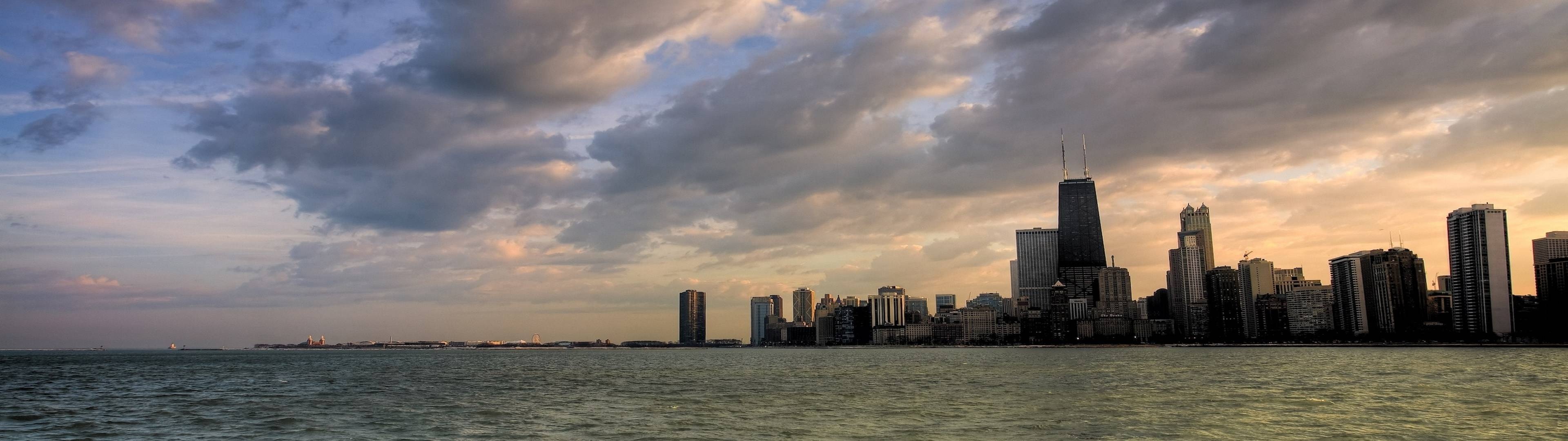 Chicago Skyline, Travels, Ice computer wallpaper, 3840x1080 Dual Screen Desktop