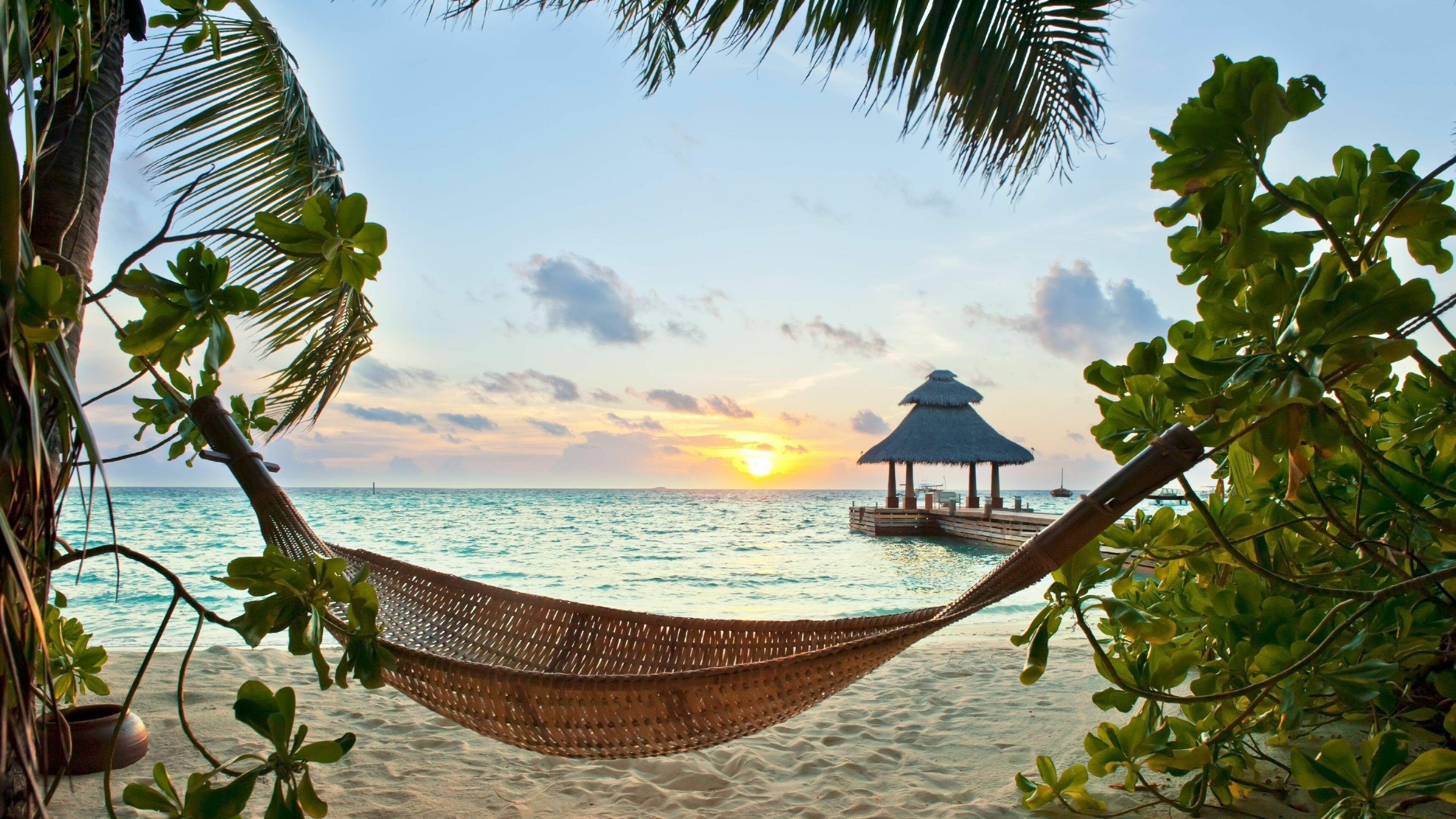 Ultra HD beach, Beach wall murals, Tropical escape, Hammock relaxation, 3840x2160 4K Desktop