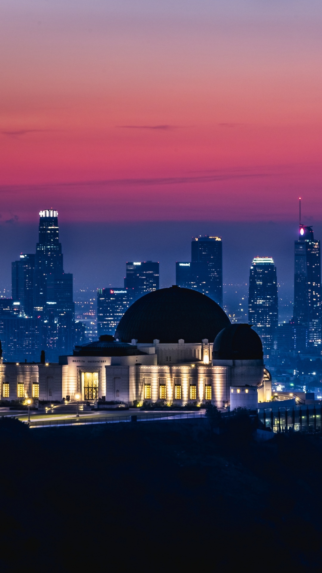 Griffith Observatory wallpaper, Sunrise, Pink sky, Dawn, 1080x1920 Full HD Phone