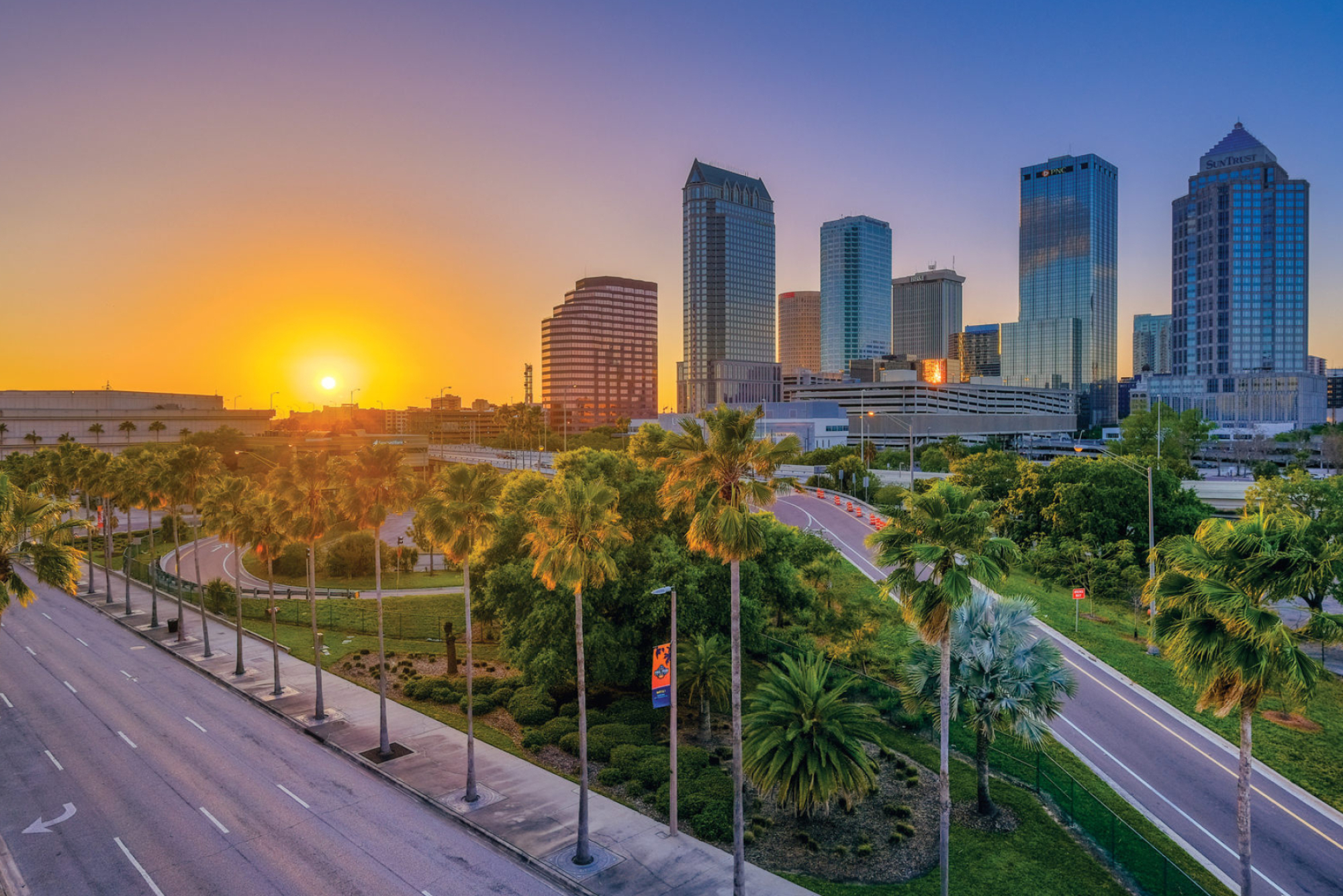 Tampa Skyline, Sunset through palm tree, 2000x1340 HD Desktop