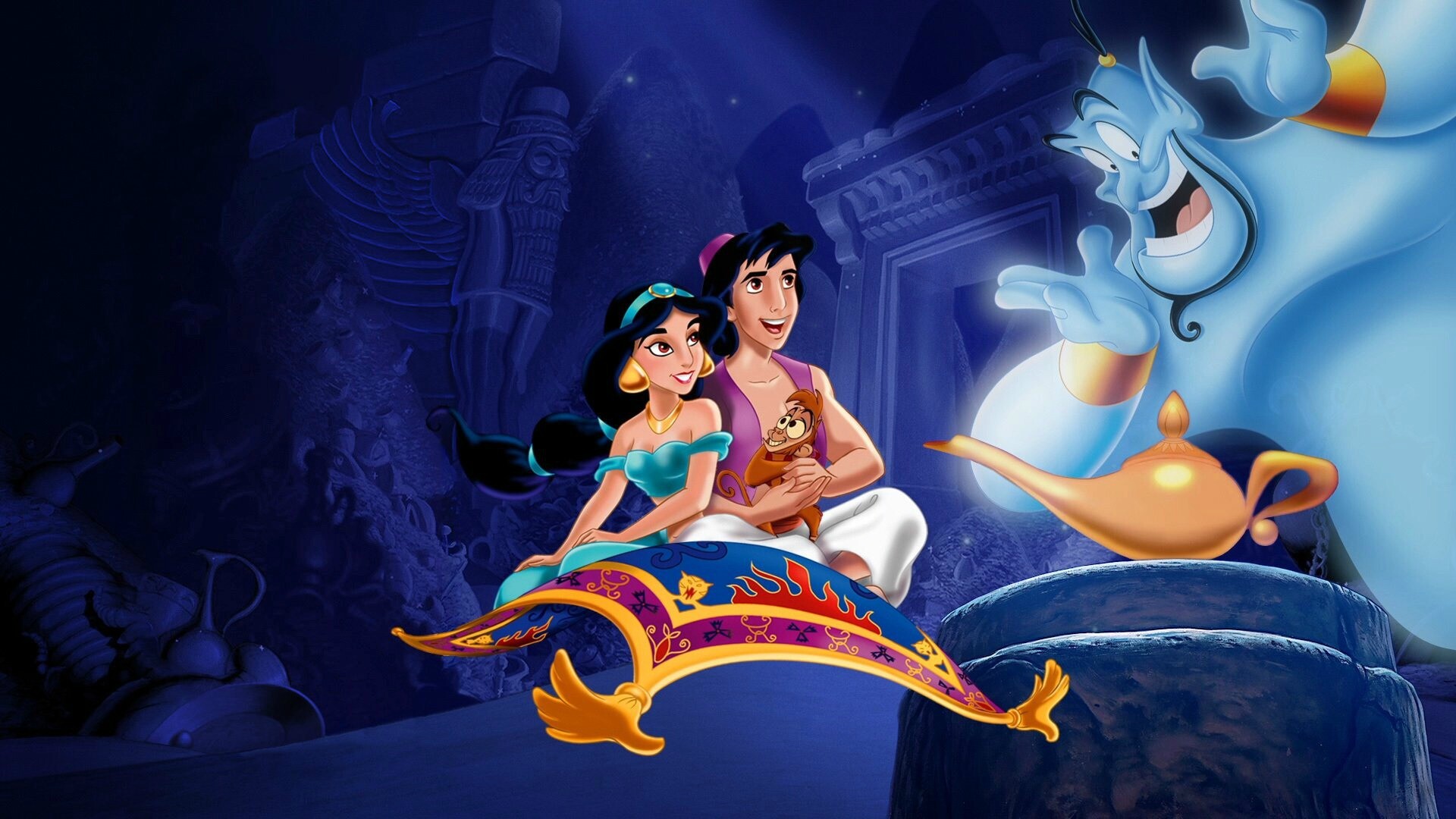 Monkey Abu, Aladdin and Jasmine, Flying carpet, Disney cartoons, 1920x1080 Full HD Desktop