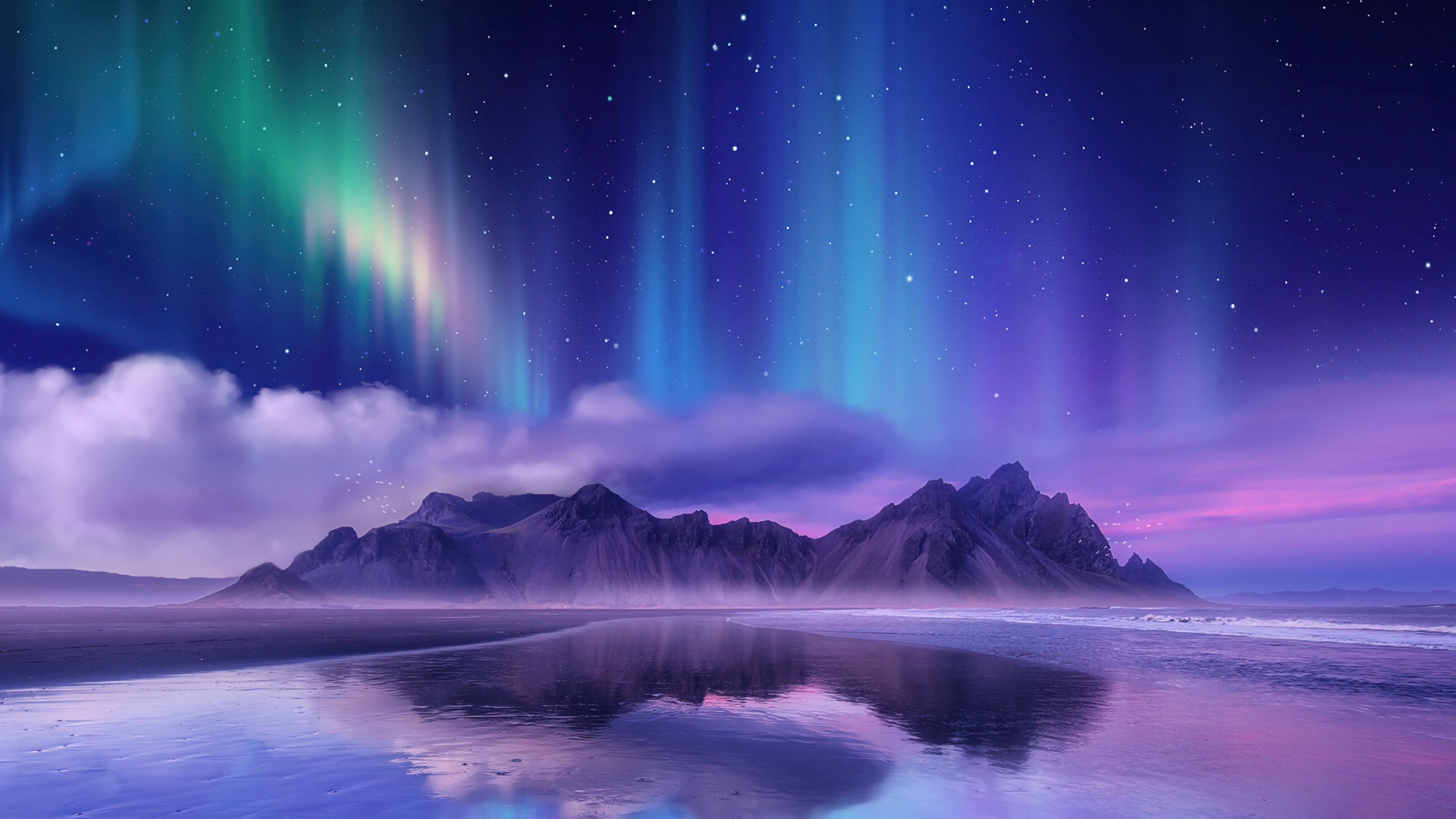 Aurora borealis landscape, Scenic beauty, Mountain scenery, 4K HD, 3840x2160 4K Desktop