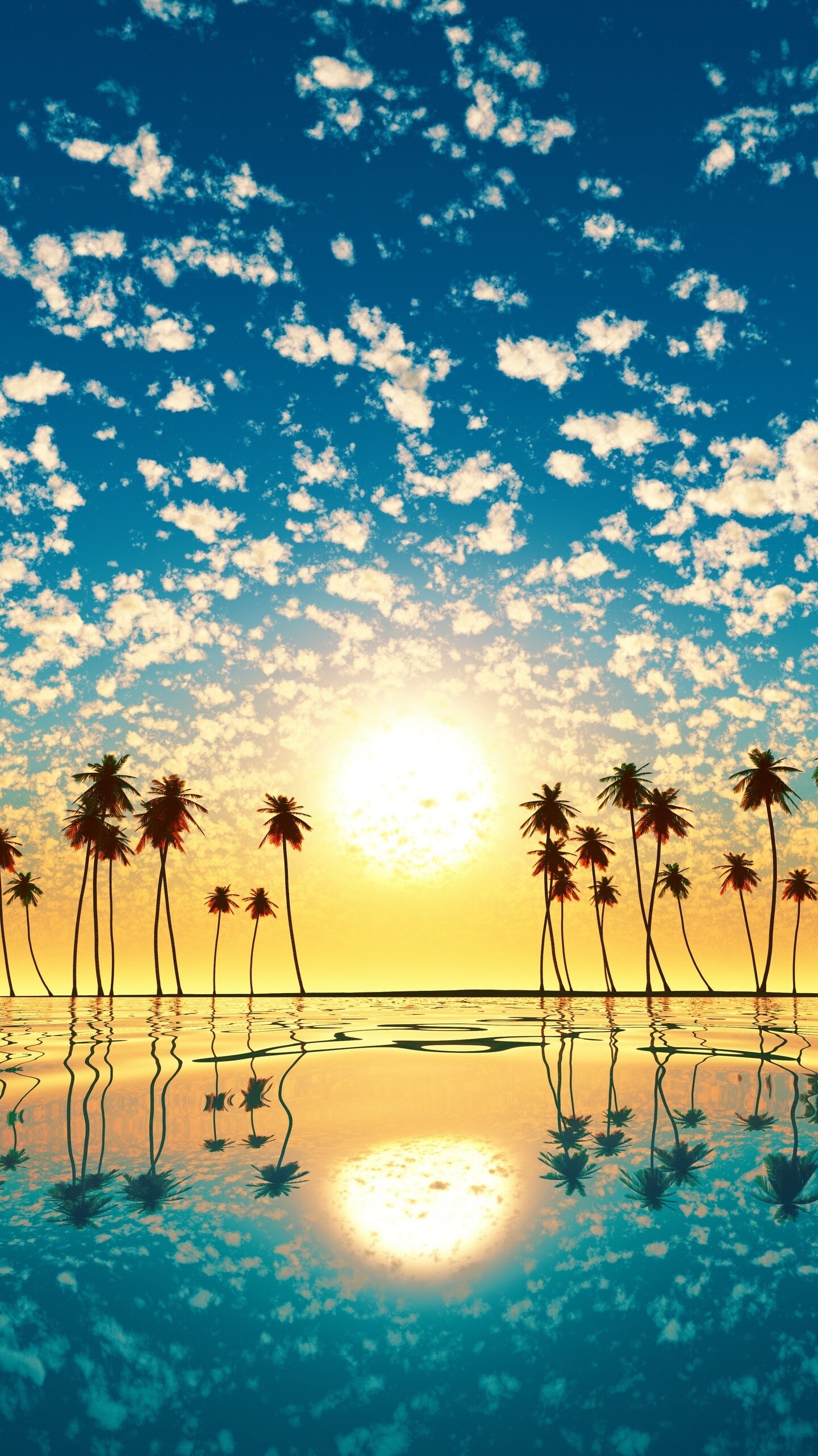 Palm tree reflection, Sunset beauty, Tropical vibes, Nature's tranquility, 1440x2560 HD Phone