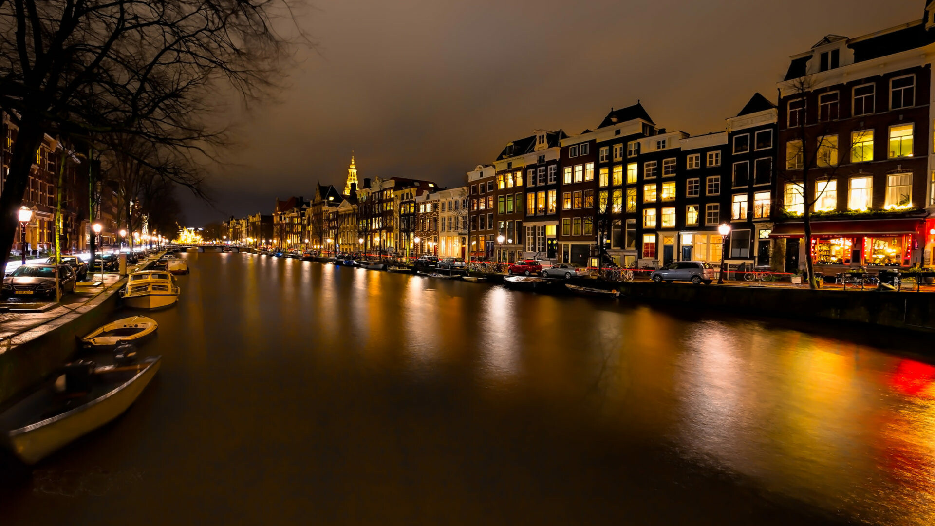 Amsterdam, Nighttime, River Amstel, Reflection of lights, 1920x1080 Full HD Desktop