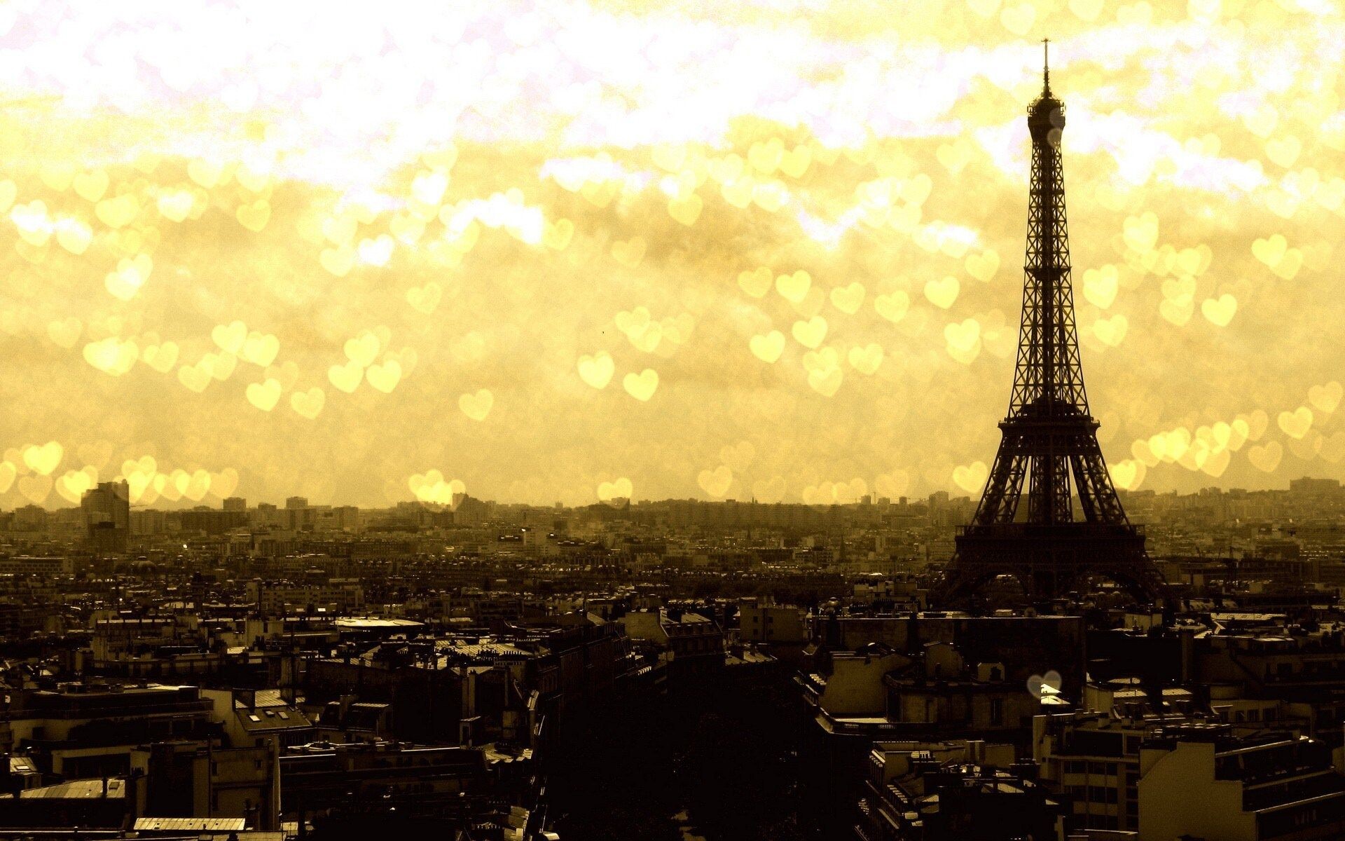 Gold Lights, Eiffel Tower illuminated, Hearts in the night, Love in the air, 1920x1200 HD Desktop