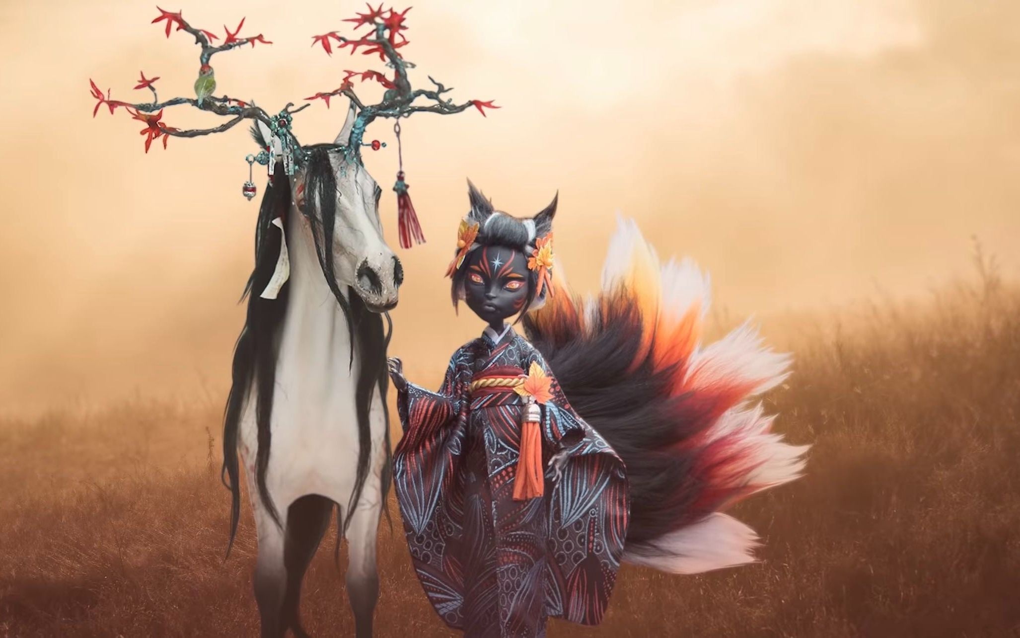 Black kitsune collaboration, Enchanteriumakino creation, Bilbili video platform, Beautiful mythical creature, 2060x1290 HD Desktop