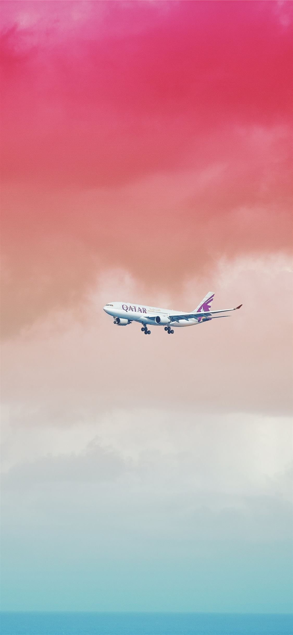 Qatar Airways, Travels, Airplane flying under red cloud, 1130x2440 HD Phone