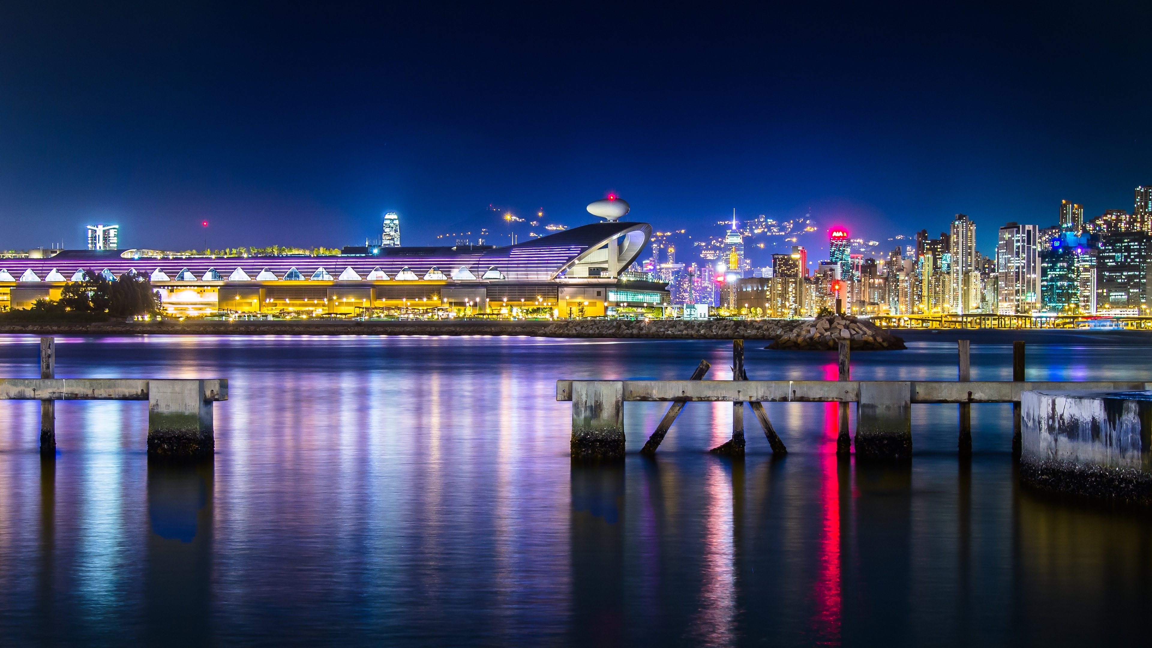 Skyscrapers skyline, Hong Kong night, Kai Tak airport, Stunning cityscape, 3840x2160 4K Desktop