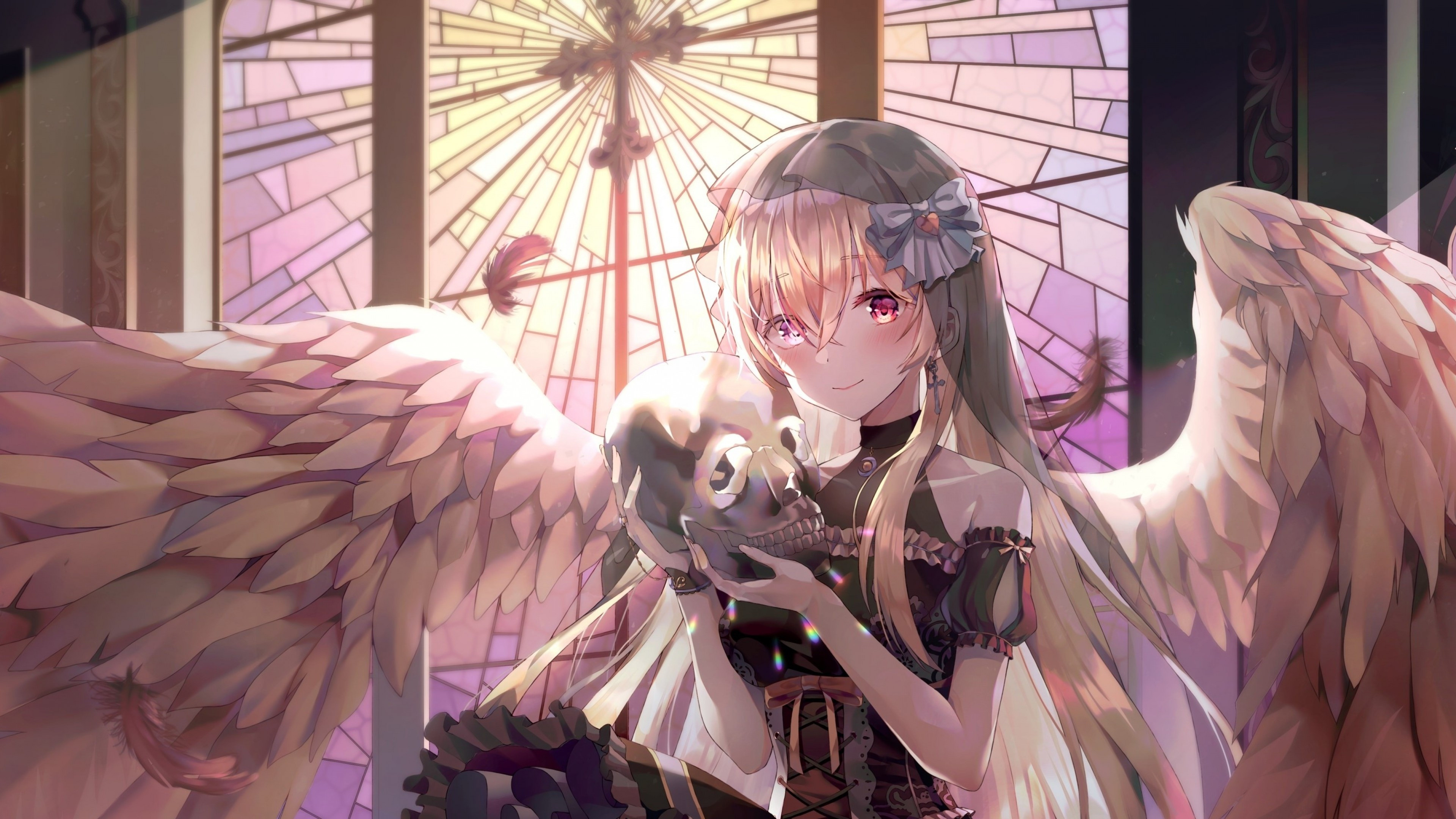 Gothic Anime, Fallen angel, Long wings, Skull wallpapers, 3840x2160 4K Desktop