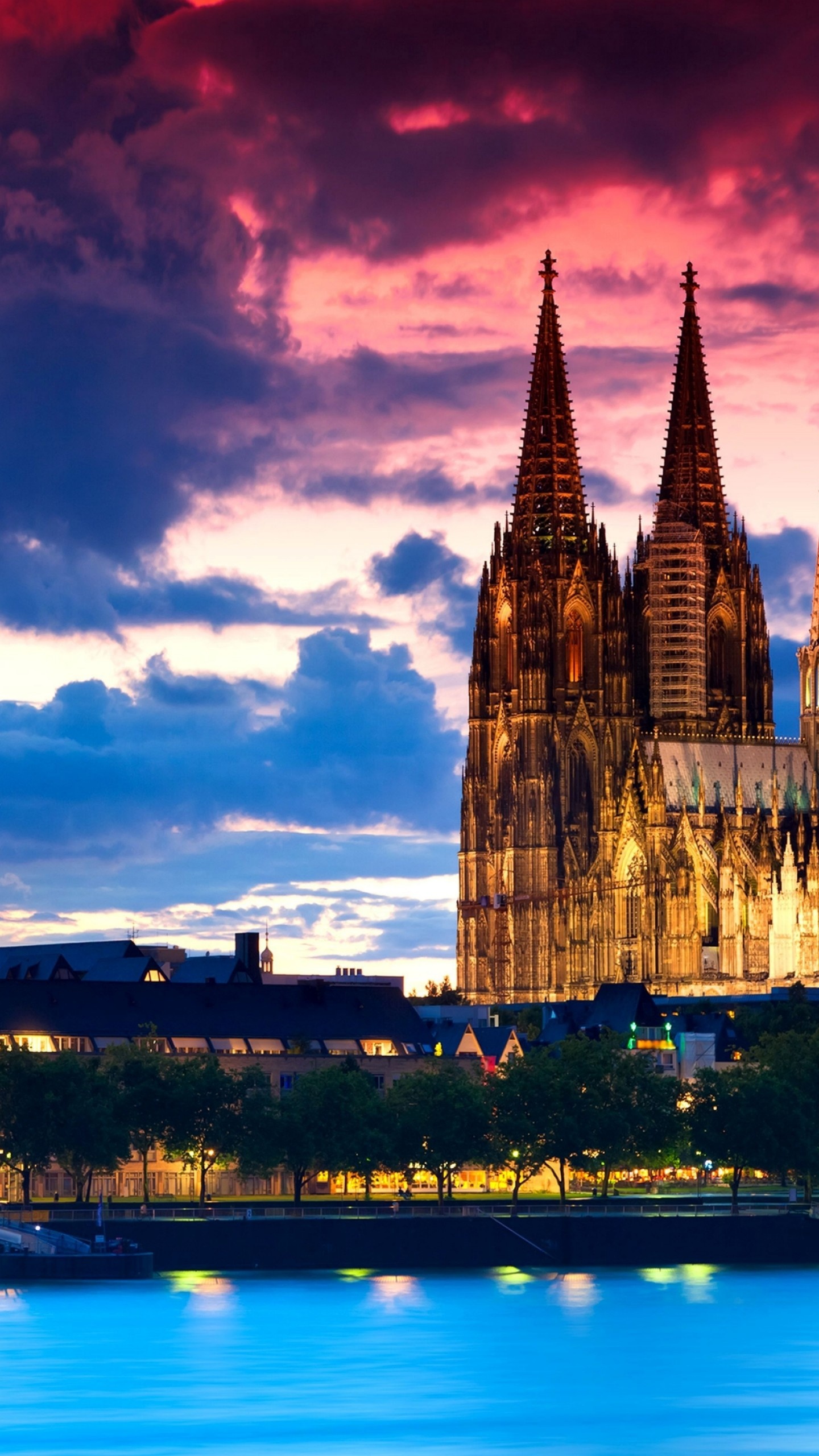 Cologne cathedral at night, Germany's beauty, European architecture, Illuminated skyline, 1440x2560 HD Phone