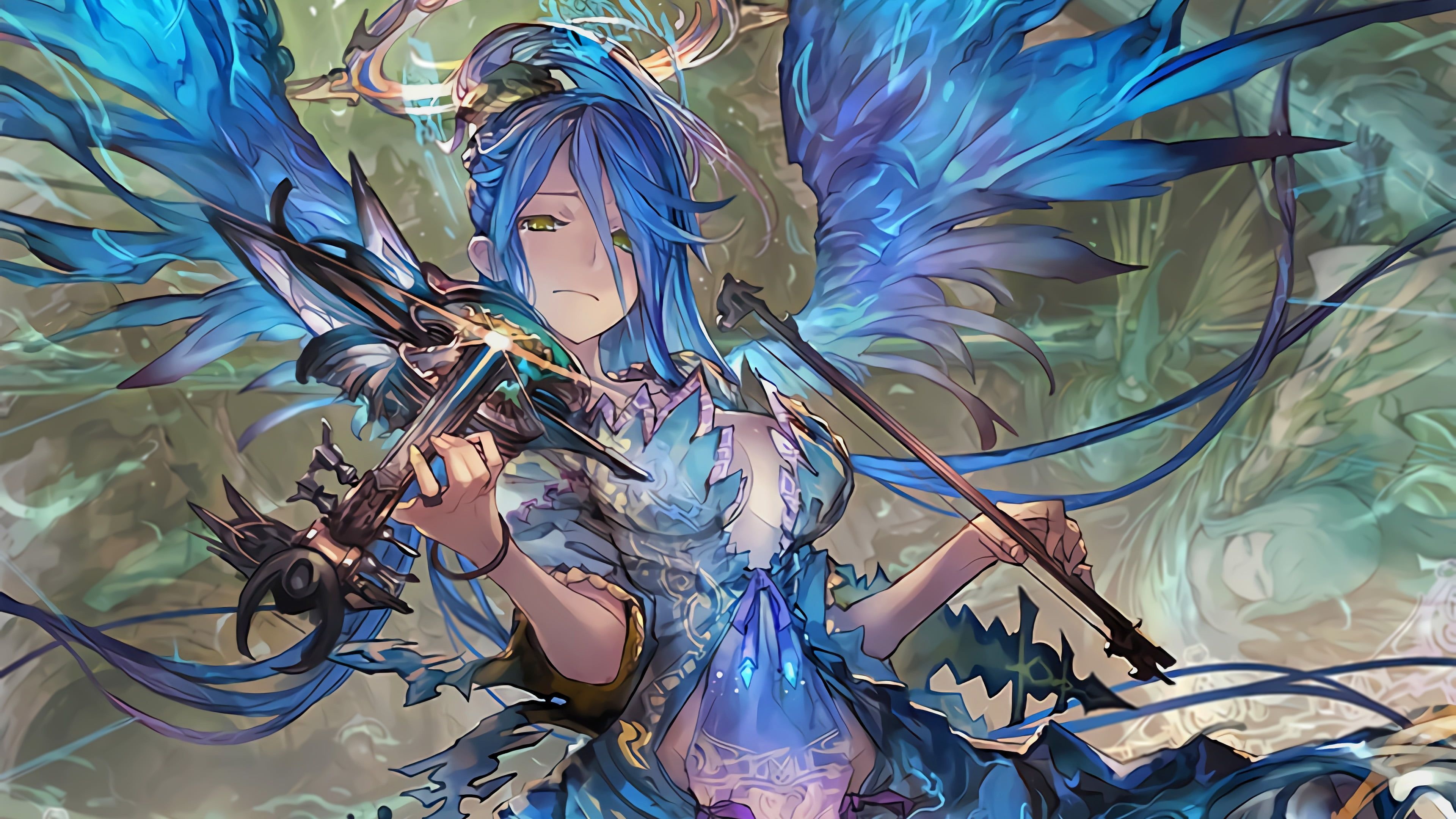 Blue-haired game character, Shadowverse Israfil, Epic Bahamut clash, Mesmerizing artwork, 3840x2160 4K Desktop