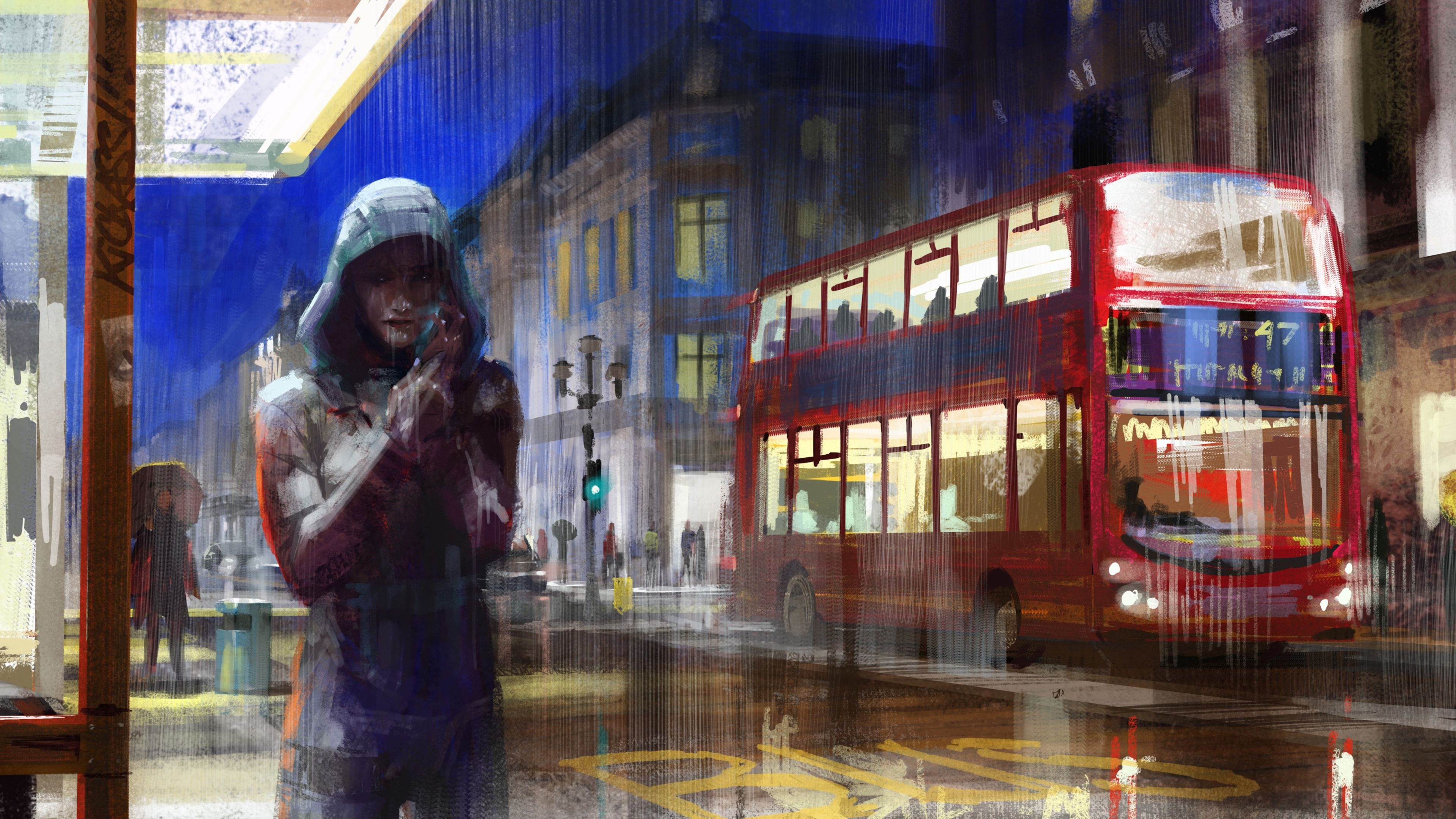 Double-decker Bus, Urban art, City painting, Night lights, 3840x2160 4K Desktop