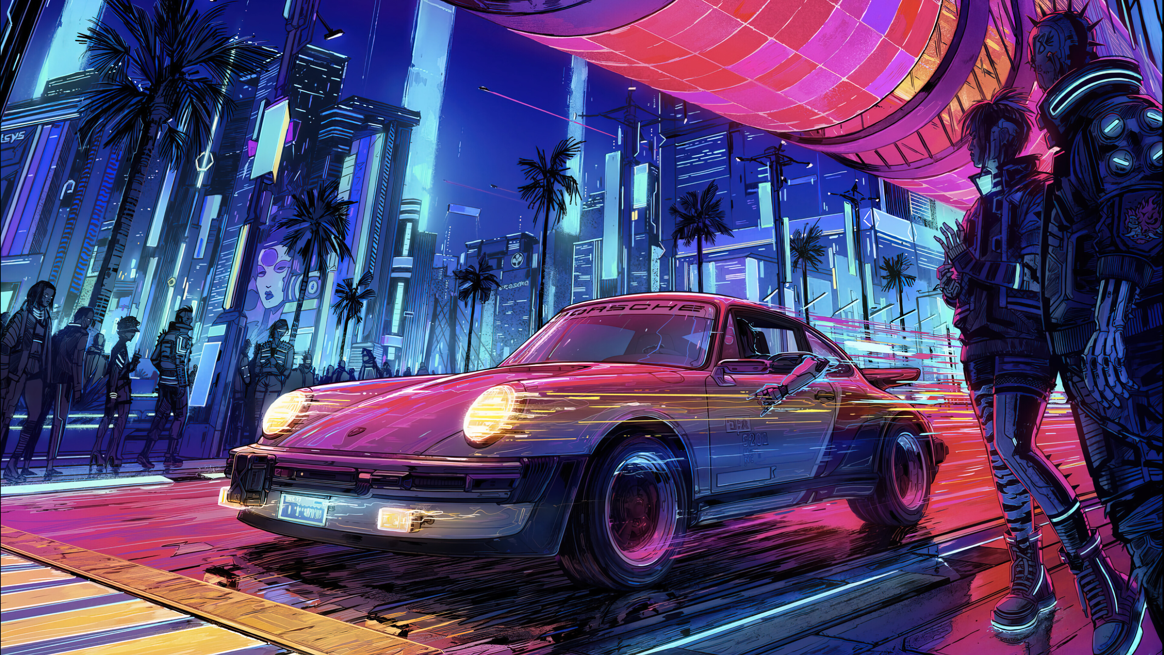 Cyberpunk sports car, Futuristic night city, Sleek Porsche design, Sci-fi inspired wallpaper, 3840x2160 4K Desktop