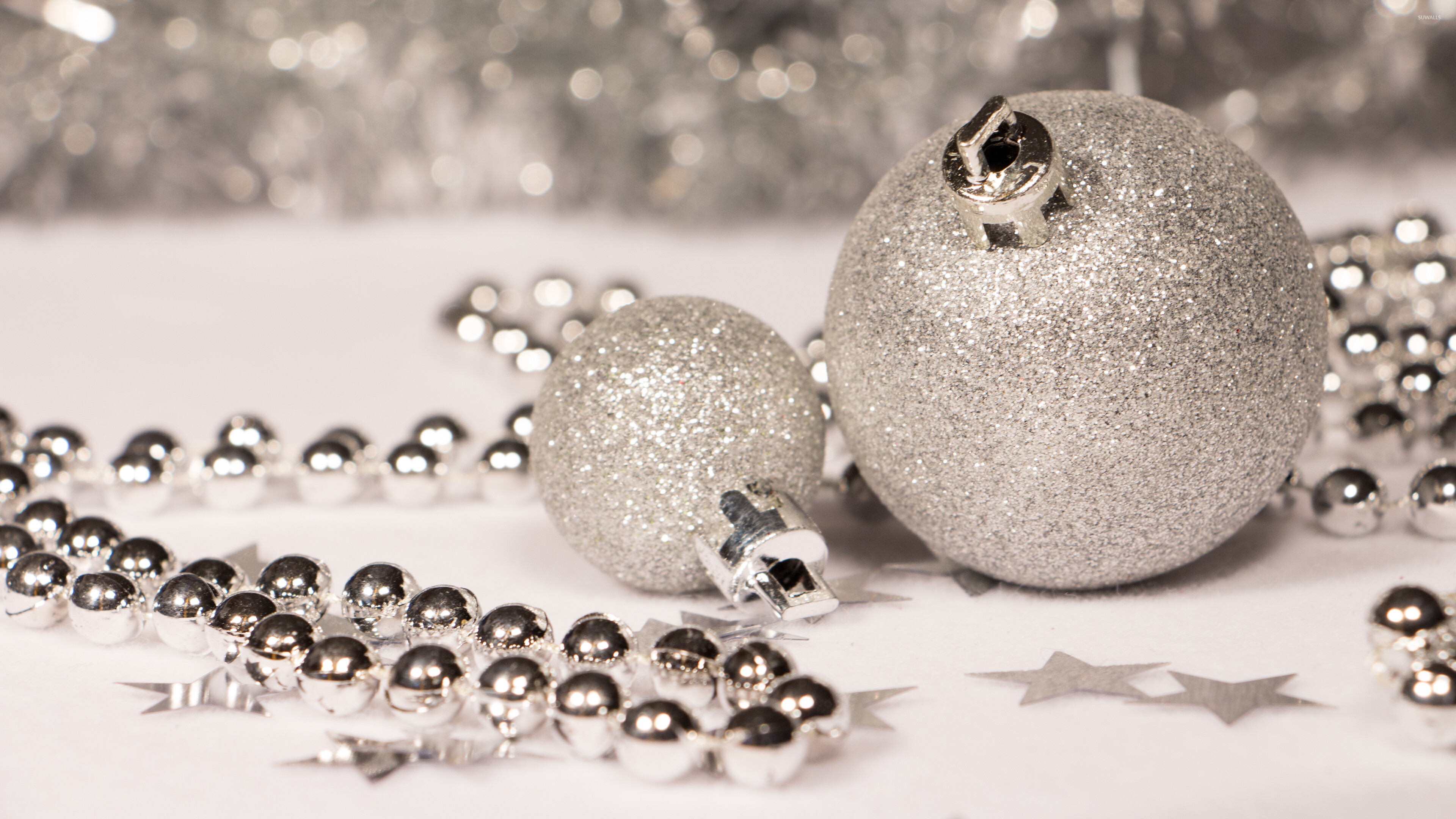 Silver christmas ornaments, Festive wallpaper, Holiday shine, Joyful atmosphere, 3840x2160 4K Desktop