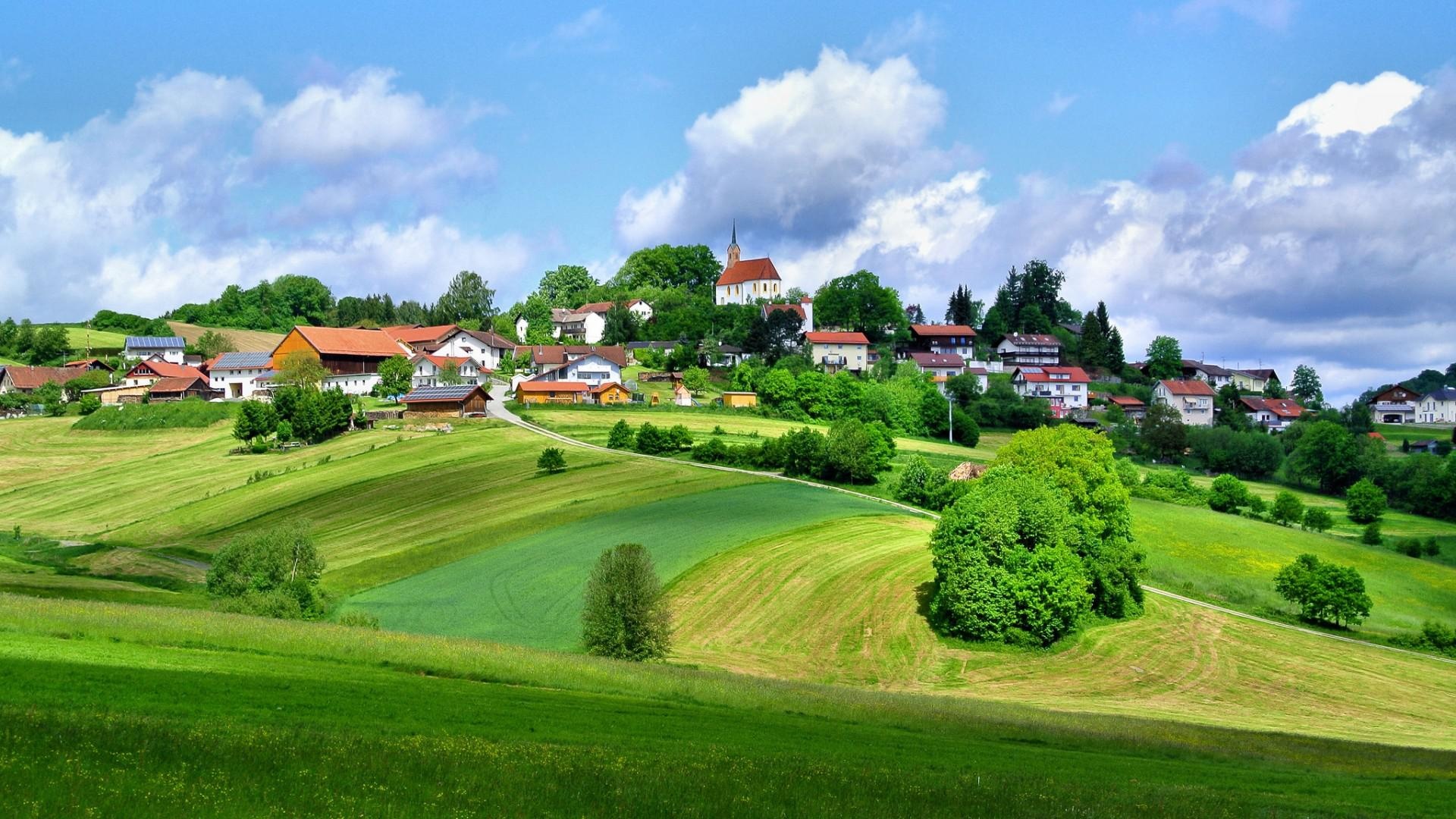 Foreign country house, Sky and mountain views, Green landscape, Nature's beauty, 1920x1080 Full HD Desktop