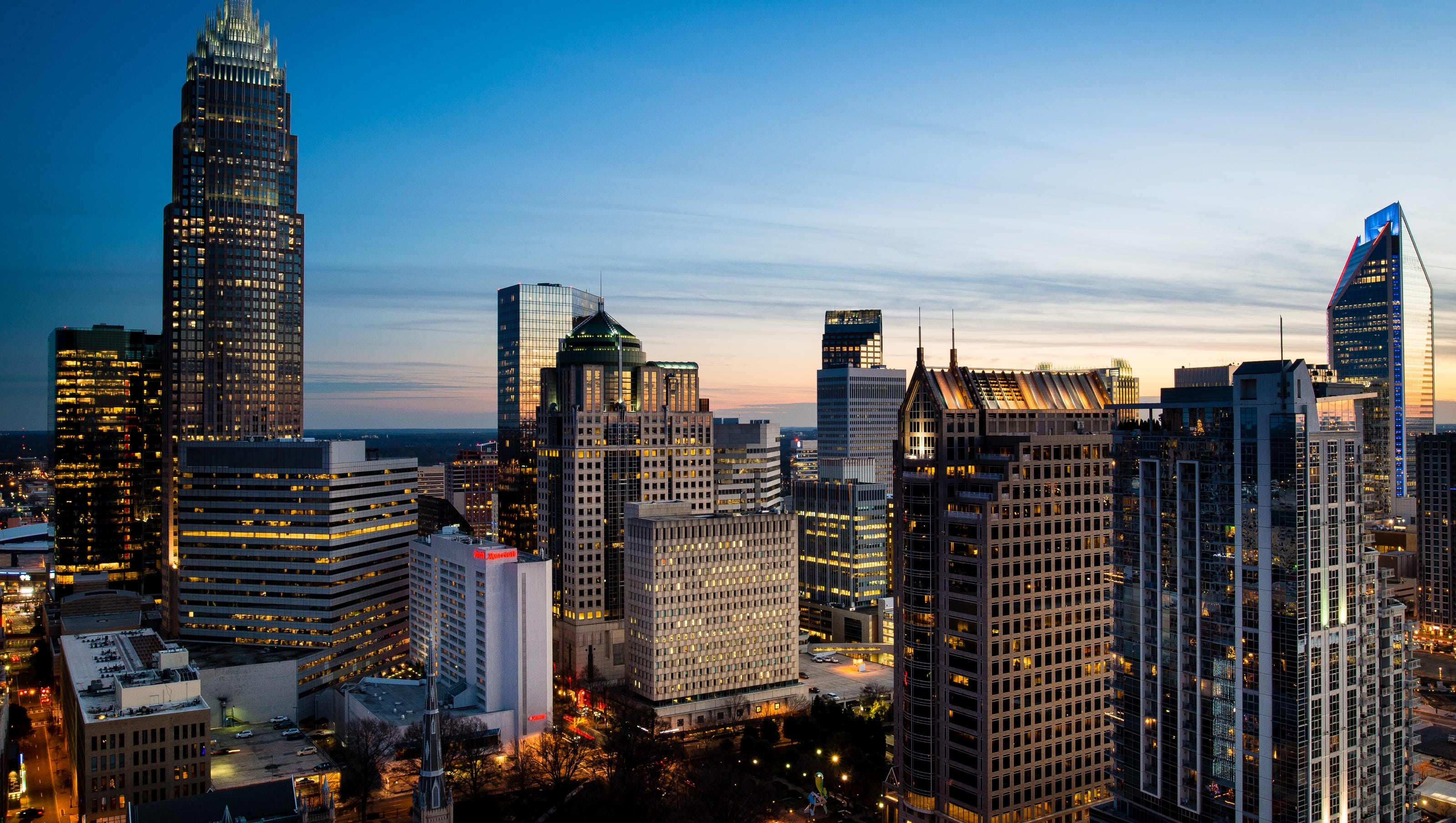 Charlotte evening sunset, Skyscrapers, Business centers, 3200x1810 HD Desktop