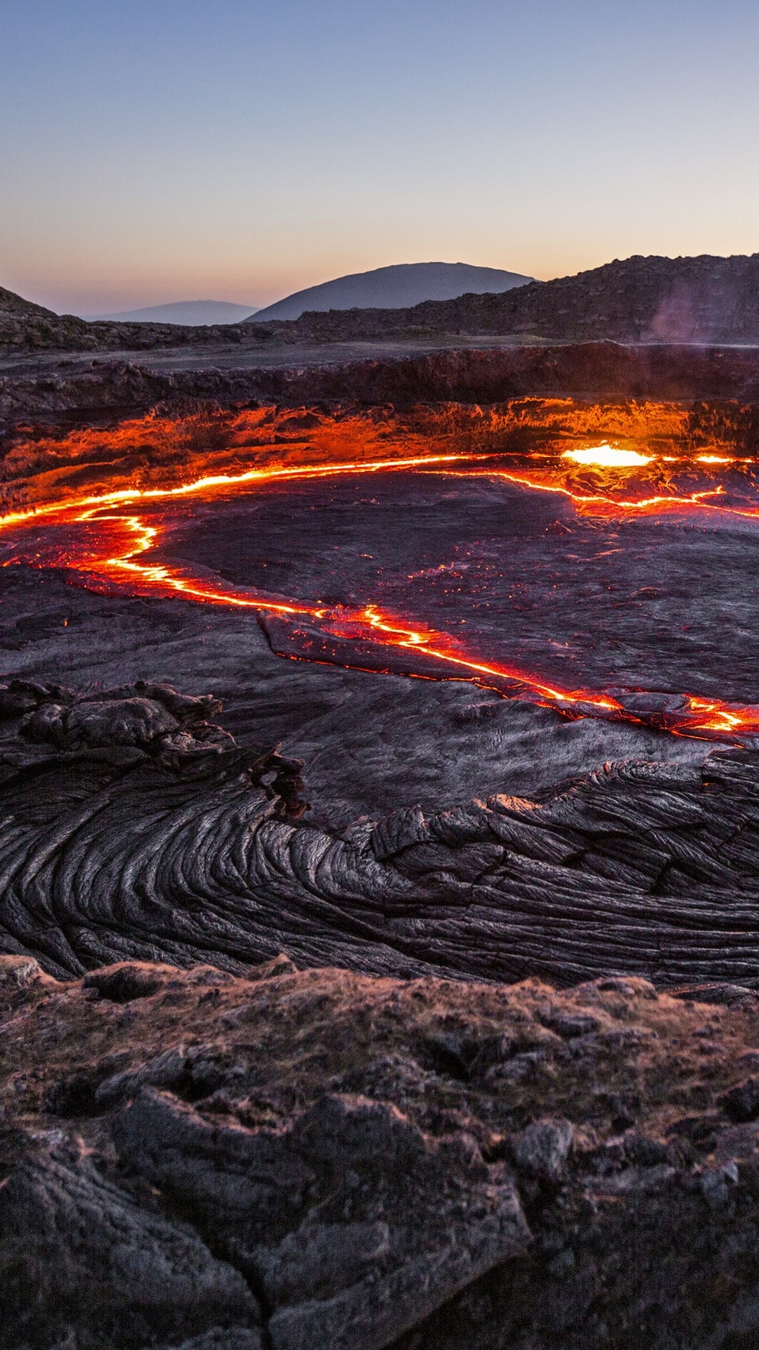 Lava lake, Erta Ale volcano, Danakil Depression, Volcanic landscapes, 1080x1920 Full HD Phone