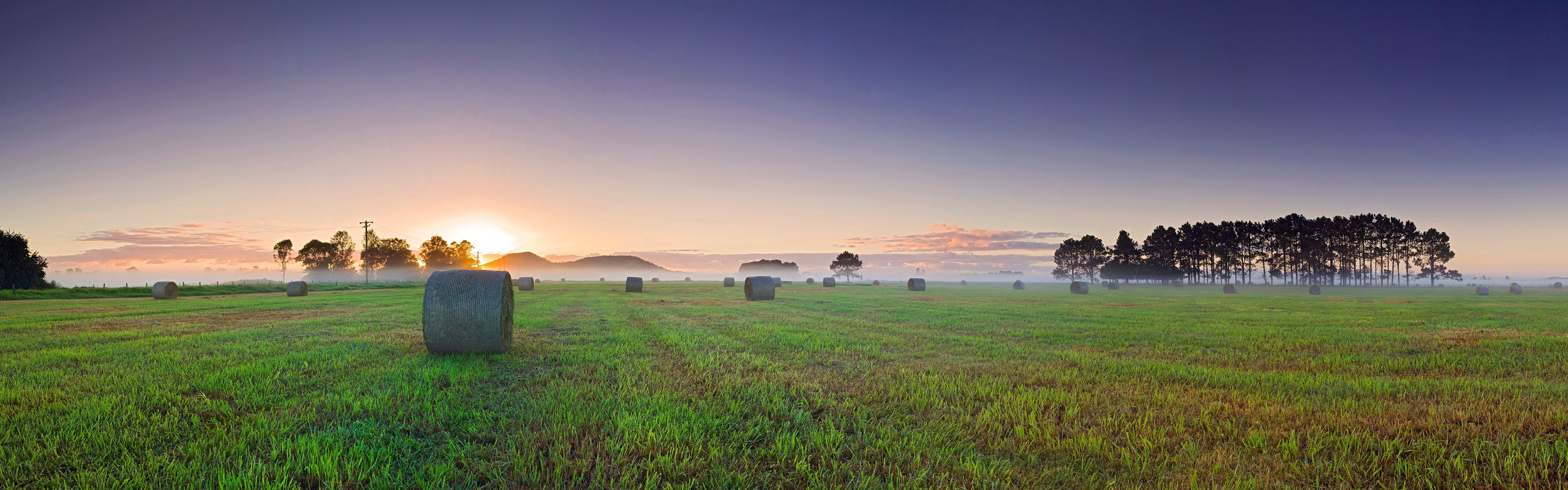 Sunlight landscape sunset, Grass sky field, Sunrise evening morning, Mist horizon panorama, 3840x1200 Dual Screen Desktop