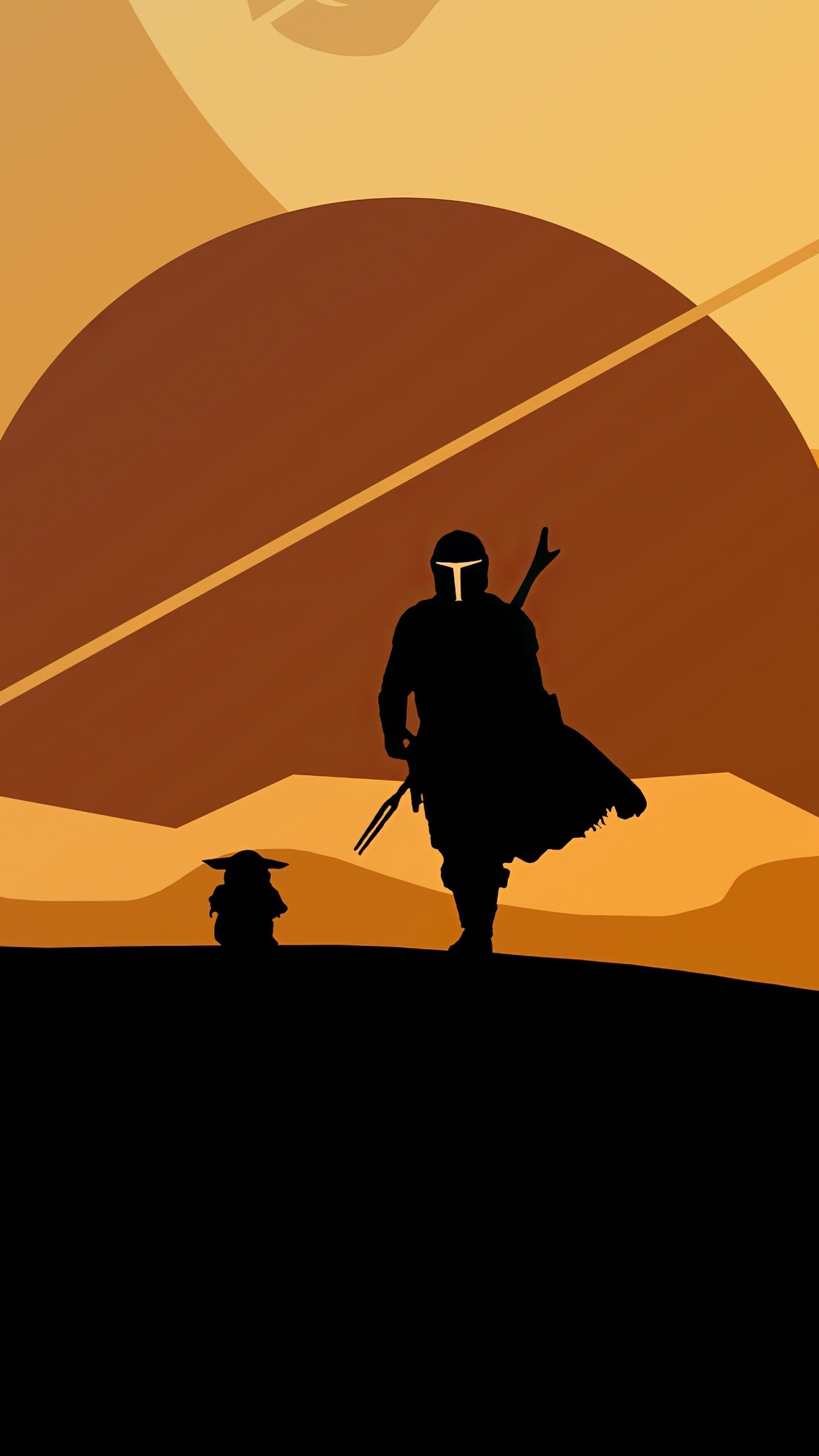 The Mandalorian and Yoda, Silhouette artwork, Minimalistic design, Striking contrast, 1440x2560 HD Phone