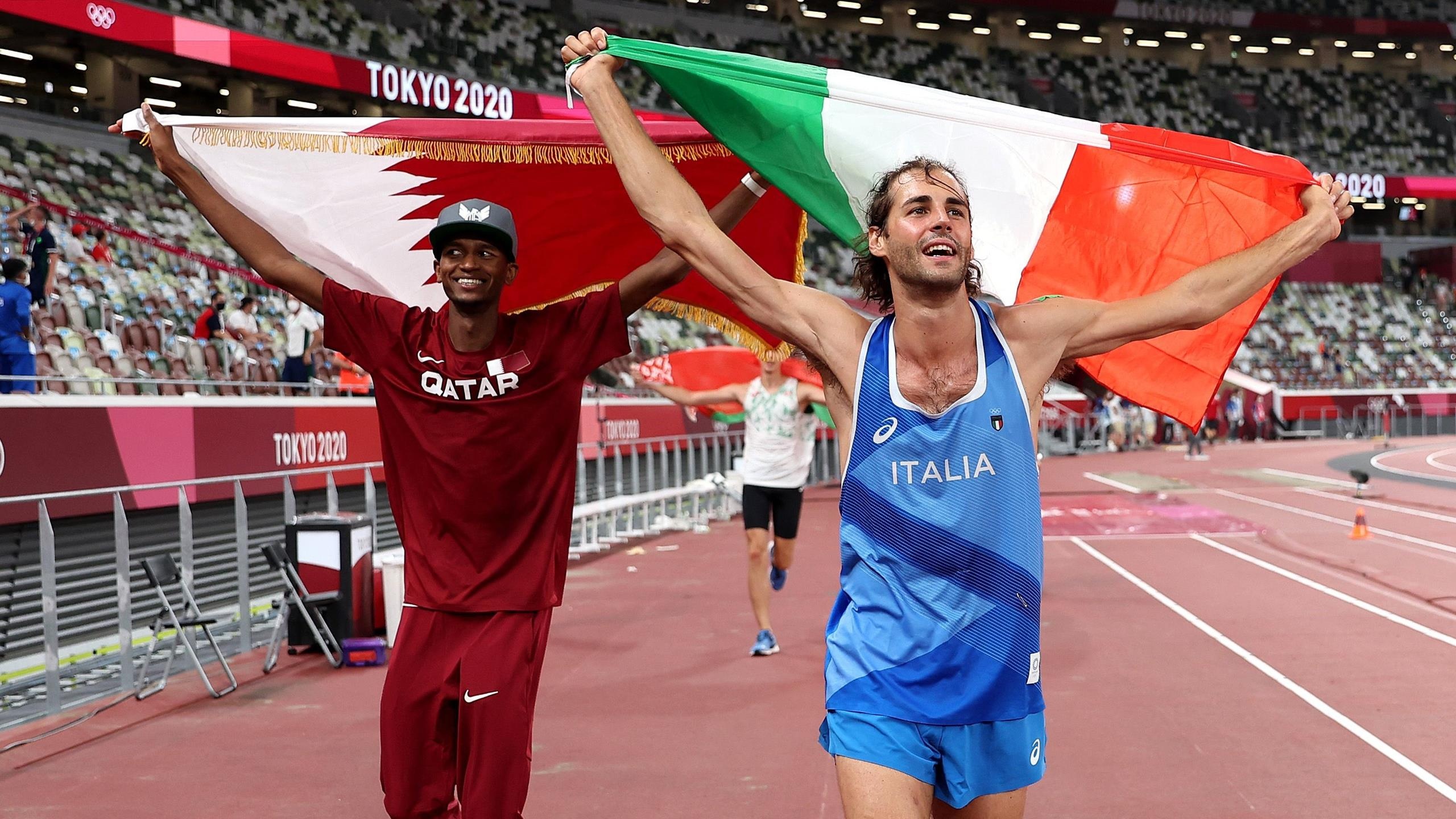 Mutaz Essa Barshim, Tokyo 2020 historic moment, High jump gold, Shared victory, 2560x1440 HD Desktop