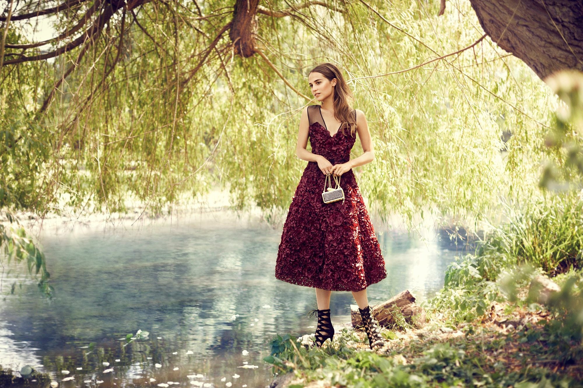 Alicia Vikander, Nature photoshoot, Vogue journal, Serene pond, 2000x1340 HD Desktop