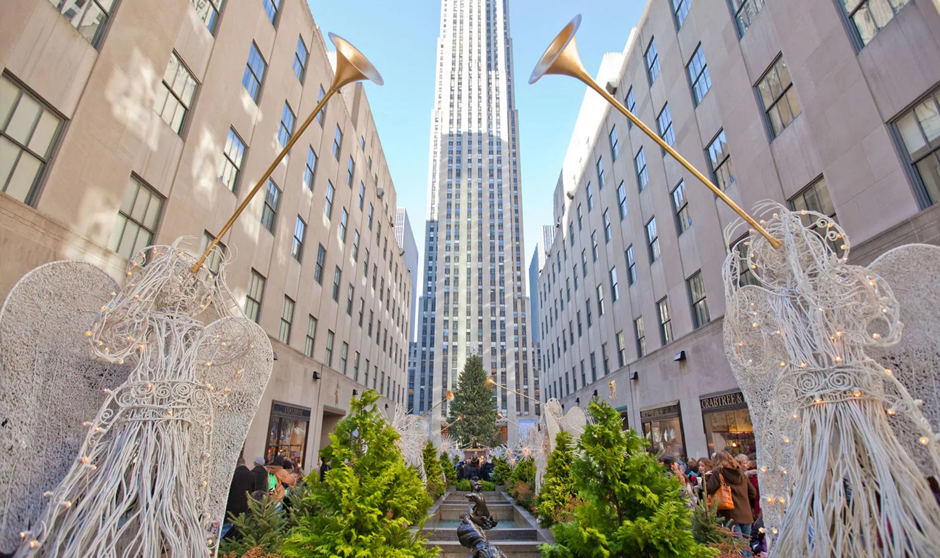 Rockefeller Center, Channel gardens, Illuminated pathway, Urban design, 1920x1140 HD Desktop