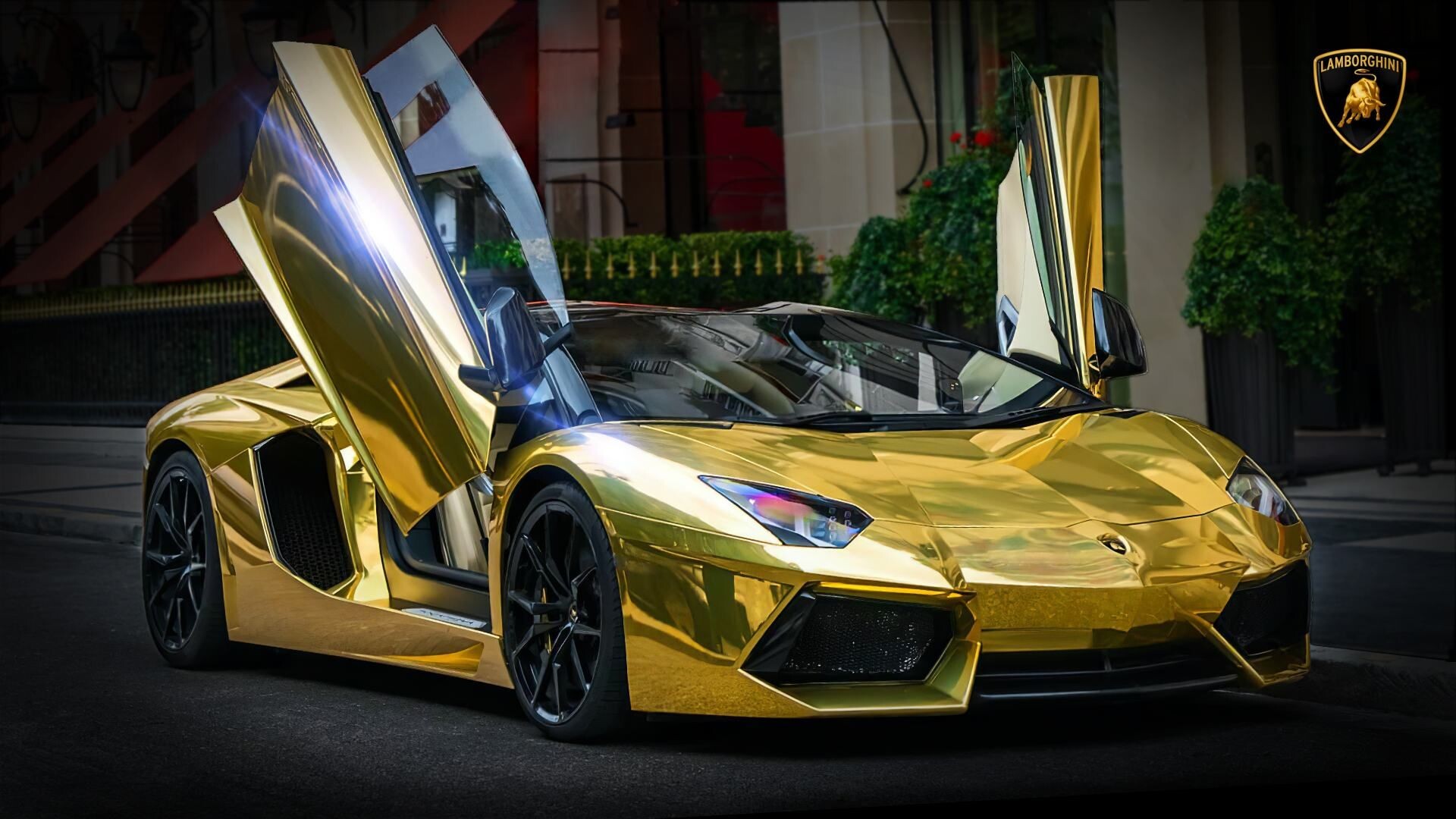 Doors Up Front View, Gold Lamborghini Wallpaper, 1920x1080 Full HD Desktop